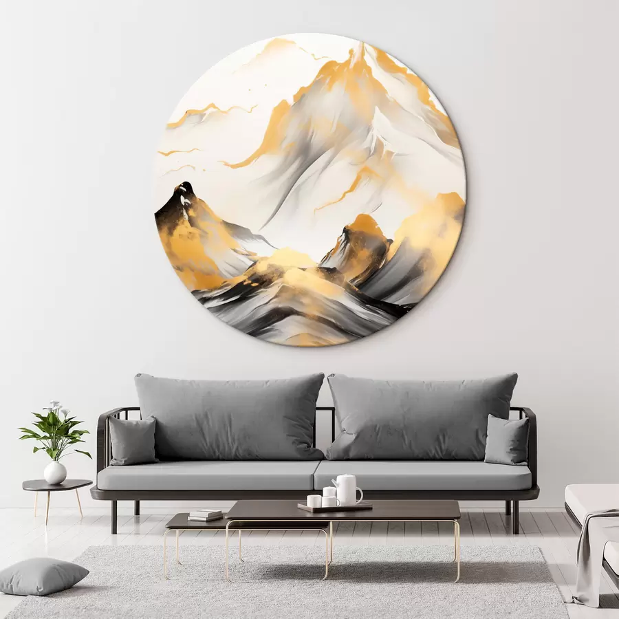 Wandbilder Strukturierte gelbe und schwarze Berge mit schneebedeckten Gipfeln, Tuschemalerei-Stil, minimalistische Bergkette r46683