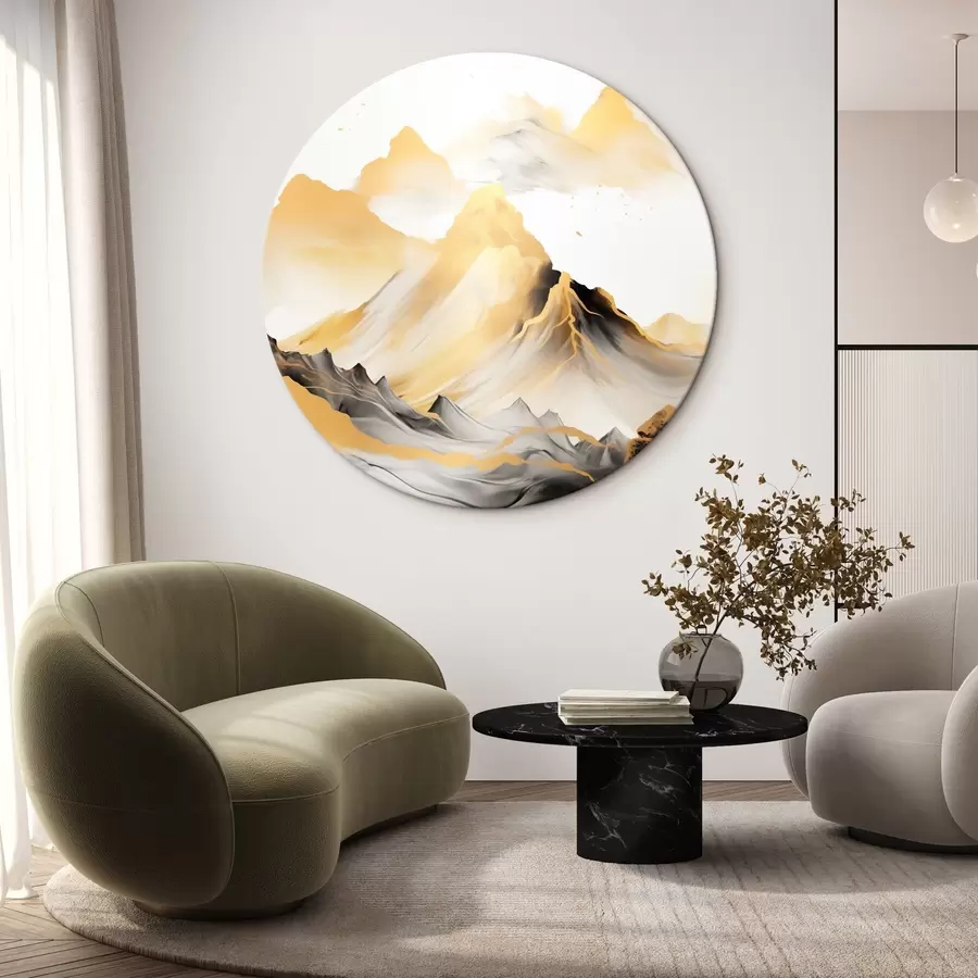 Wandbilder Strukturierte gelbe und schwarze Berge mit schneebedeckten Gipfeln, Tuschemalerei-Stil, minimalistische Bergkette r46684
