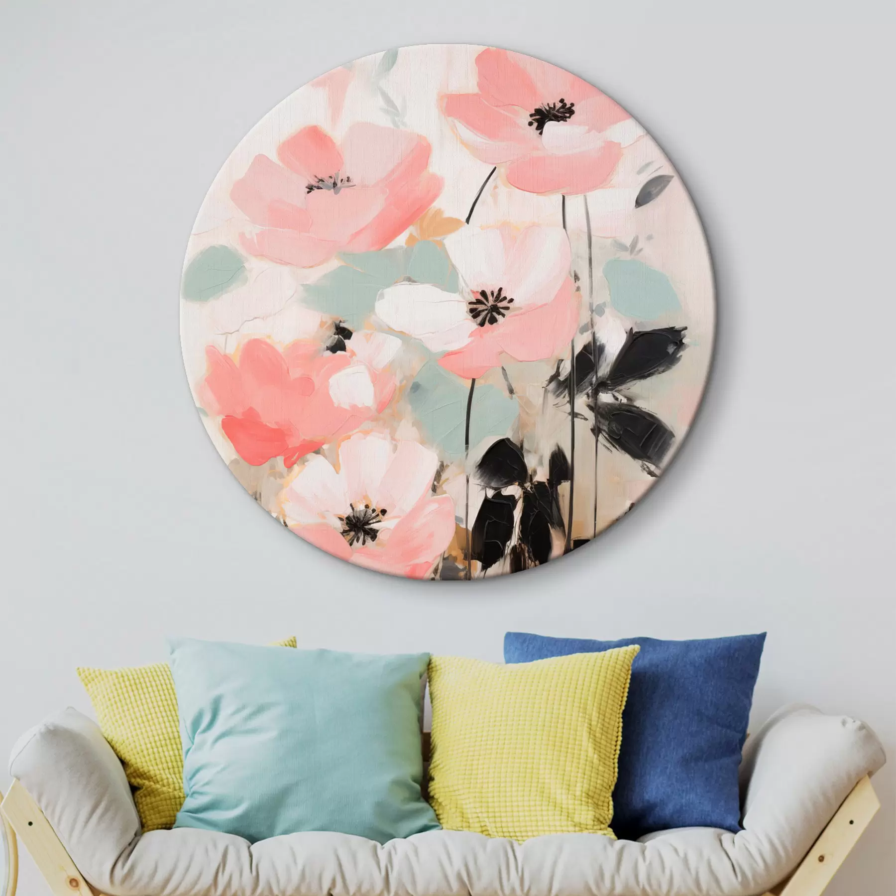 Wandbilder Rosa und schwarze Blumen mit Blättern, sanfte Pastellfarben, abstraktes Blumenarrangement, minimalistische Kunst r46688