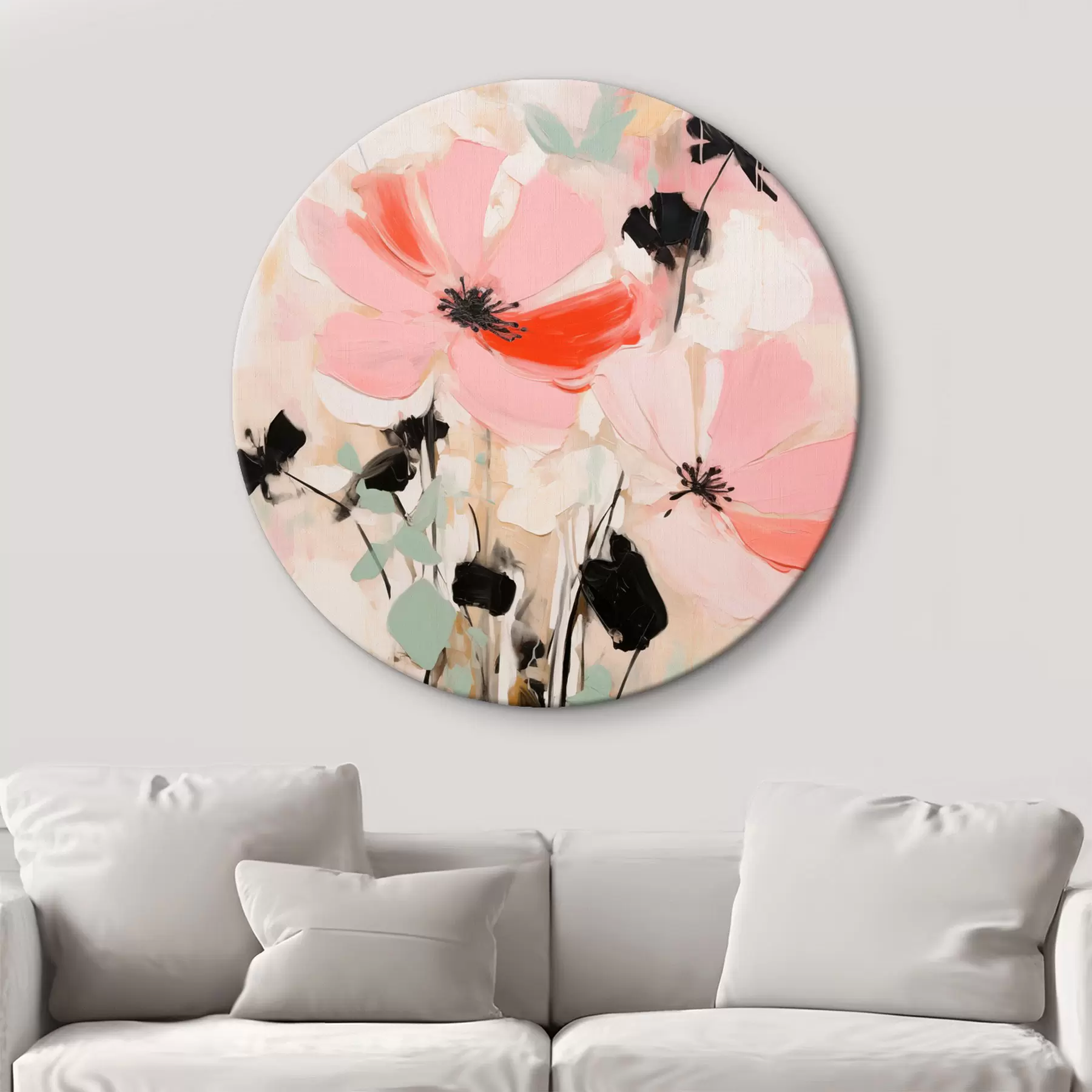 Wandbilder Rosa und schwarze Blumen mit Blättern, sanfte Pastellfarben, abstraktes Blumenarrangement, minimalistische Kunst r46687
