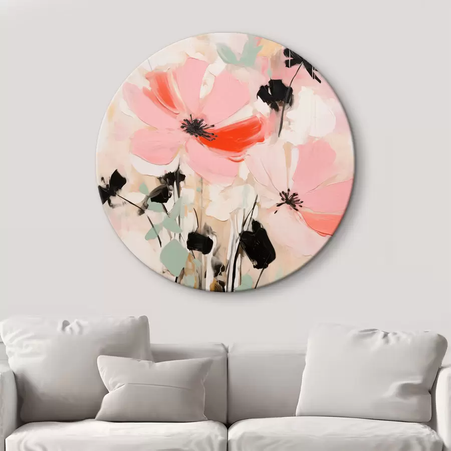 Wandbilder Rosa und schwarze Blumen mit Blättern, sanfte Pastellfarben, abstraktes Blumenarrangement, minimalistische Kunst r46687