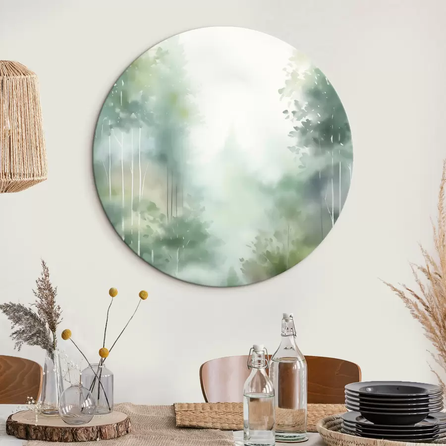 Wandbilder Aquarellmalerei, die einen abstrakten Wald mit hohen Bäumen und grünem Laub imitiert, in sanften, gedämpften Farben r46689