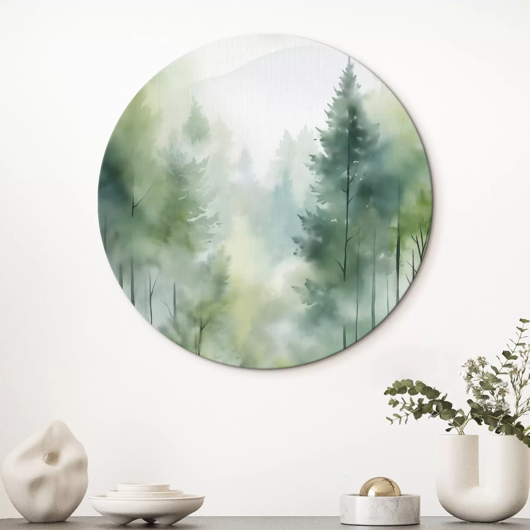 Wandbilder Aquarellmalerei, die einen nebligen Wald mit hohen Kiefern und Bergen im Hintergrund darstellt r46690