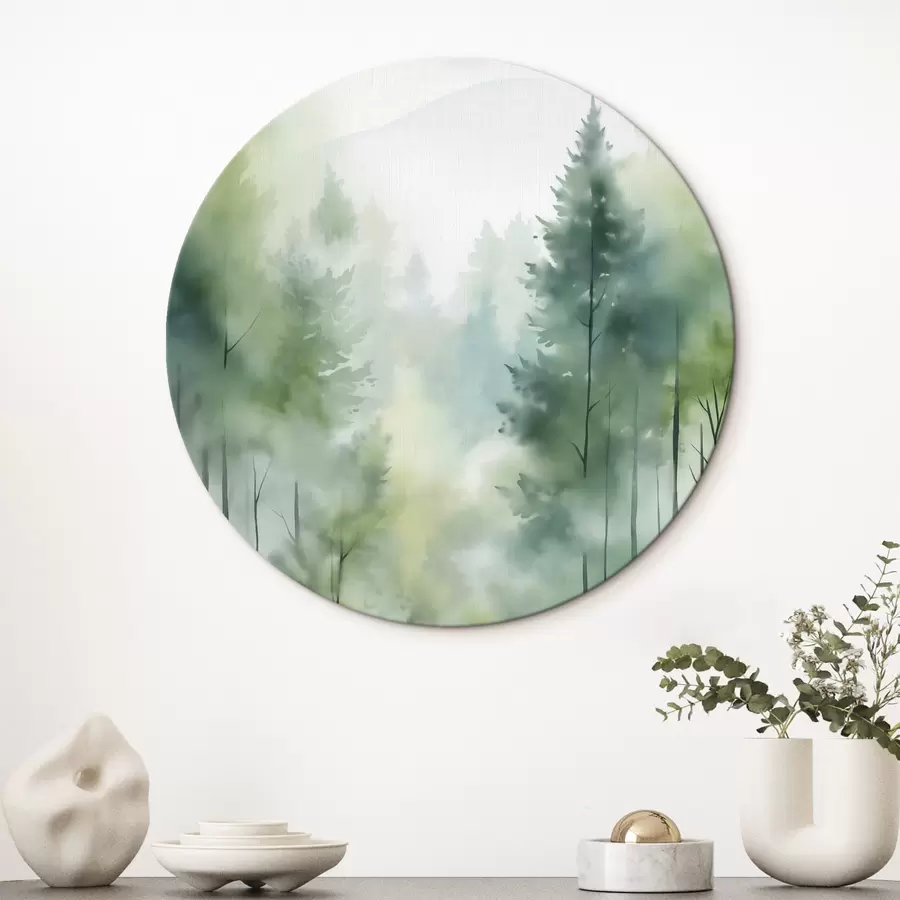 Wandbilder Aquarellmalerei, die einen nebligen Wald mit hohen Kiefern und Bergen im Hintergrund darstellt r46690