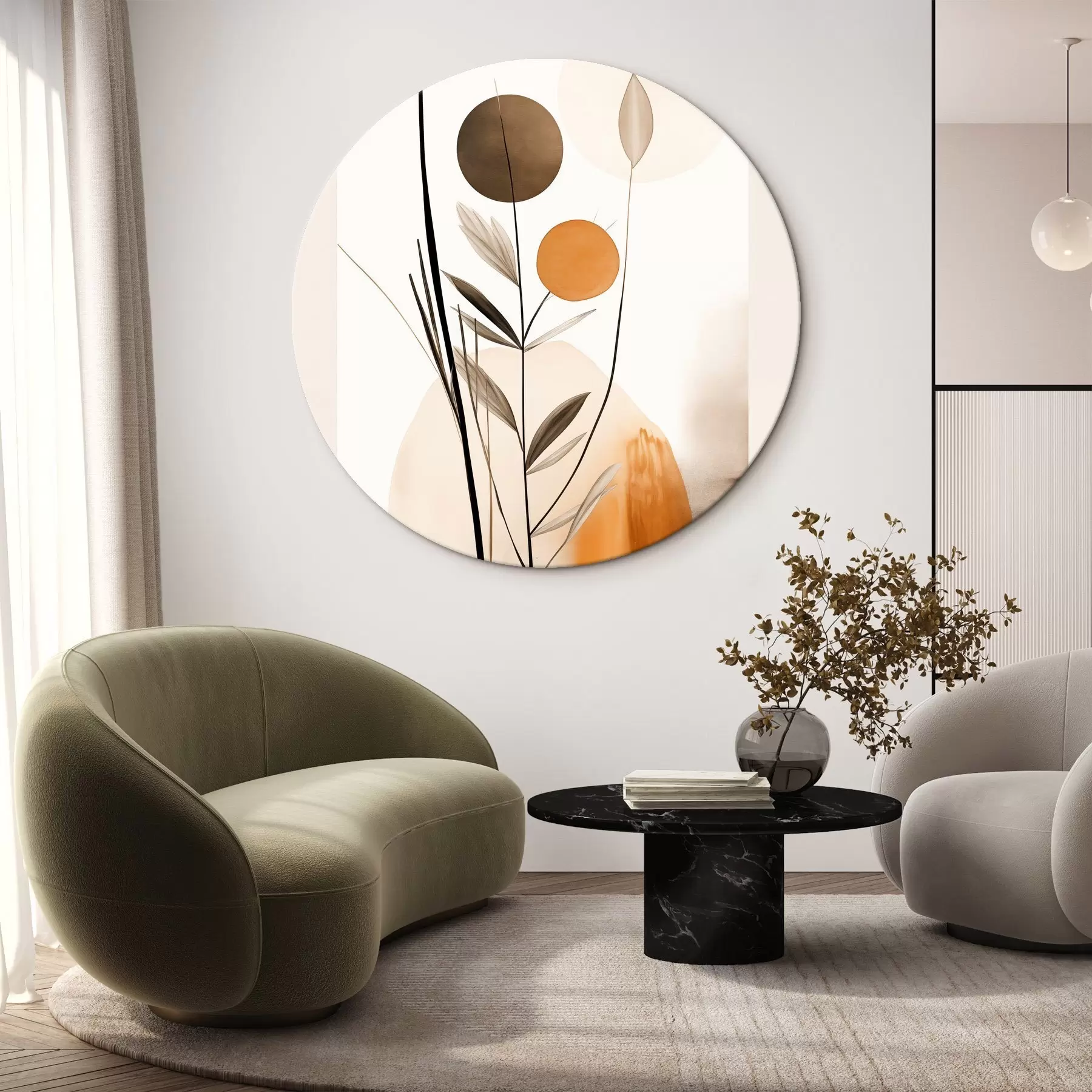 Wandbilder Abstrakte Malerei-Imitation mit orangefarbenen und grauen Kreisen, Blättern und Zweigen, moderner Stil, Aquarelleffekt r46698