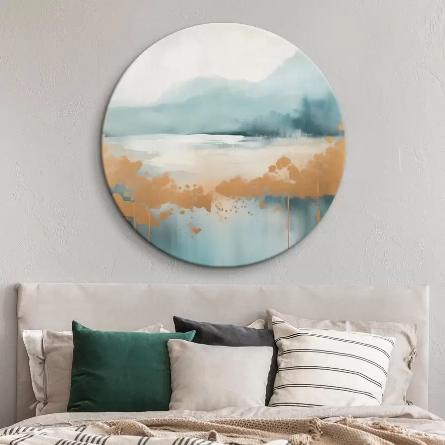 Wandbilder Abstrakte Landschaft mit Bergen und See in Blaugrün und strukturiertem Gelb, weiche Pinselstriche, minimalistisches Kunstwerk r46703