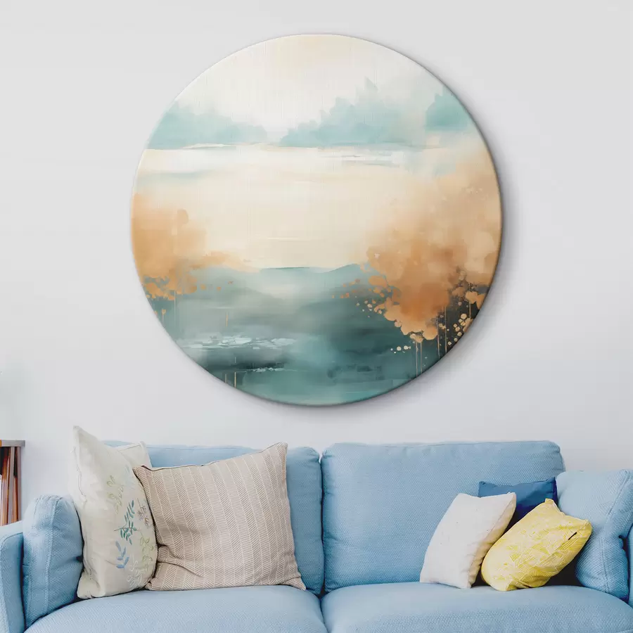 Wandbilder Abstrakte Landschaft mit Bergen und See in Blaugrün und strukturiertem Gelb, weiche Pinselstriche, minimalistisches Kunstwerk r46704