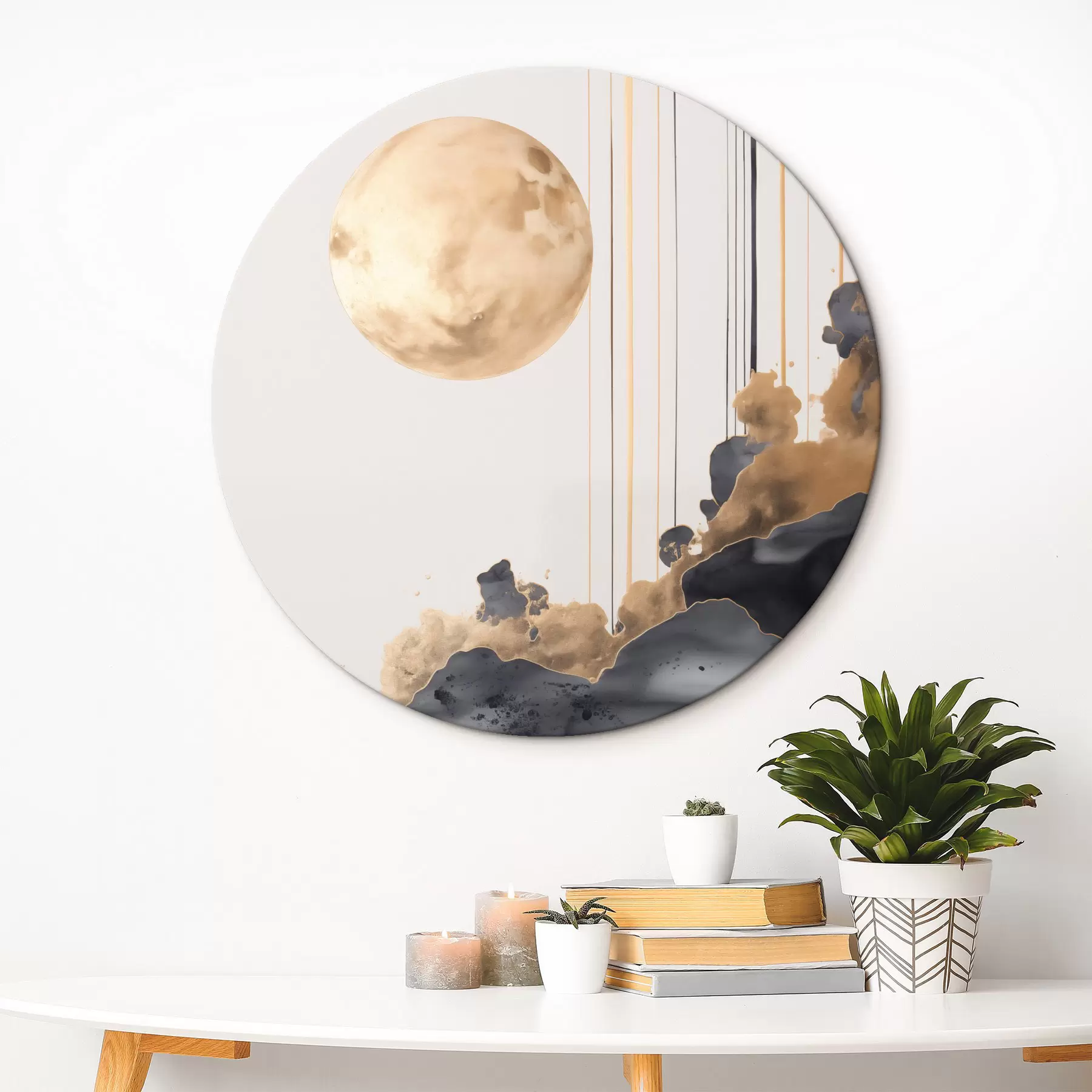 Wandbilder Vollmond mit schwarzen und strukturierten gelben Wolken, vertikalen Linien, abstrakter Stil, minimalistisch und modern r46707
