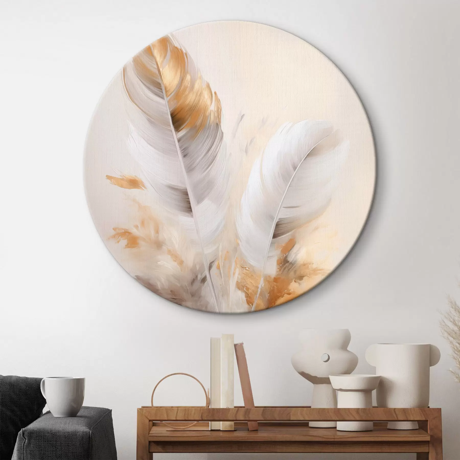 Wandbilder Abstrakte Federn, umgeben von beigen und braunen Federn, weich und zart, auf hellbeigem Hintergrund r46711