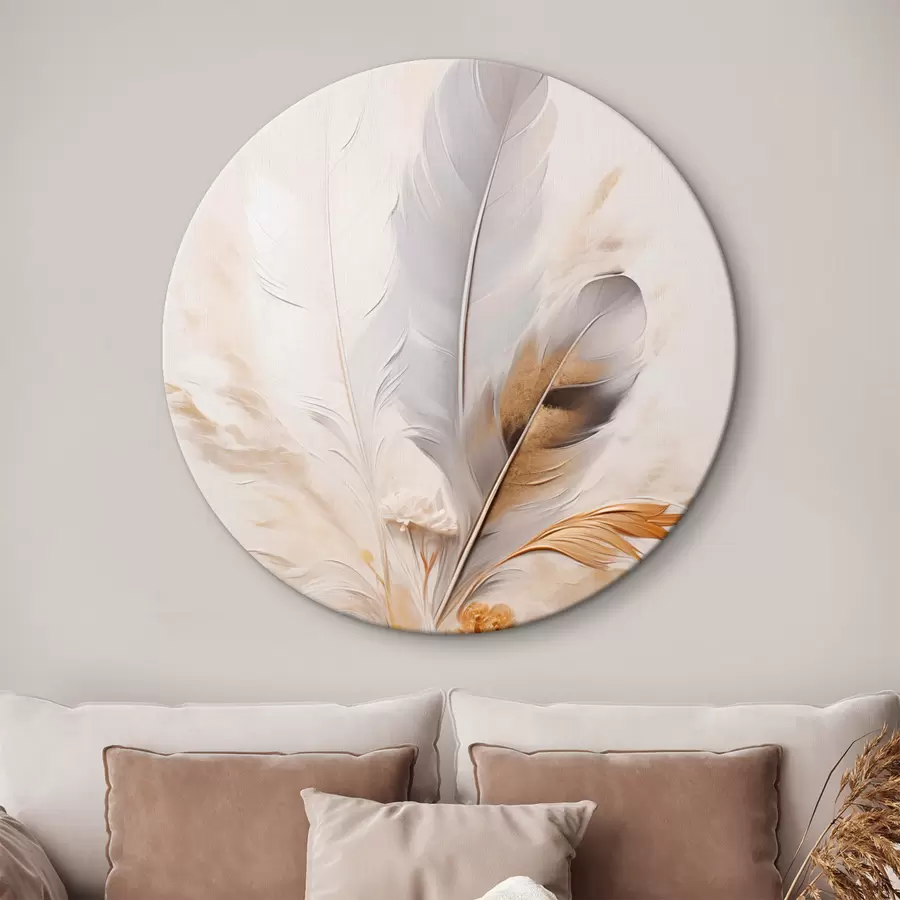 Wandbilder Abstrakte Federn, umgeben von beigen und braunen Federn, weich und zart, auf hellbeigem Hintergrund r46712