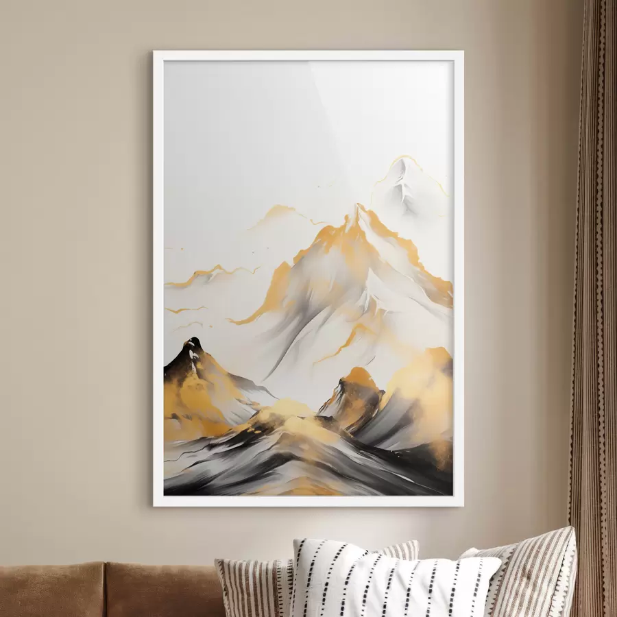 Fototapete Strukturierte gelbe und schwarze Berge mit schneebedeckten Gipfeln, Tuschemalerei-Stil, minimalistische Bergkette f46683