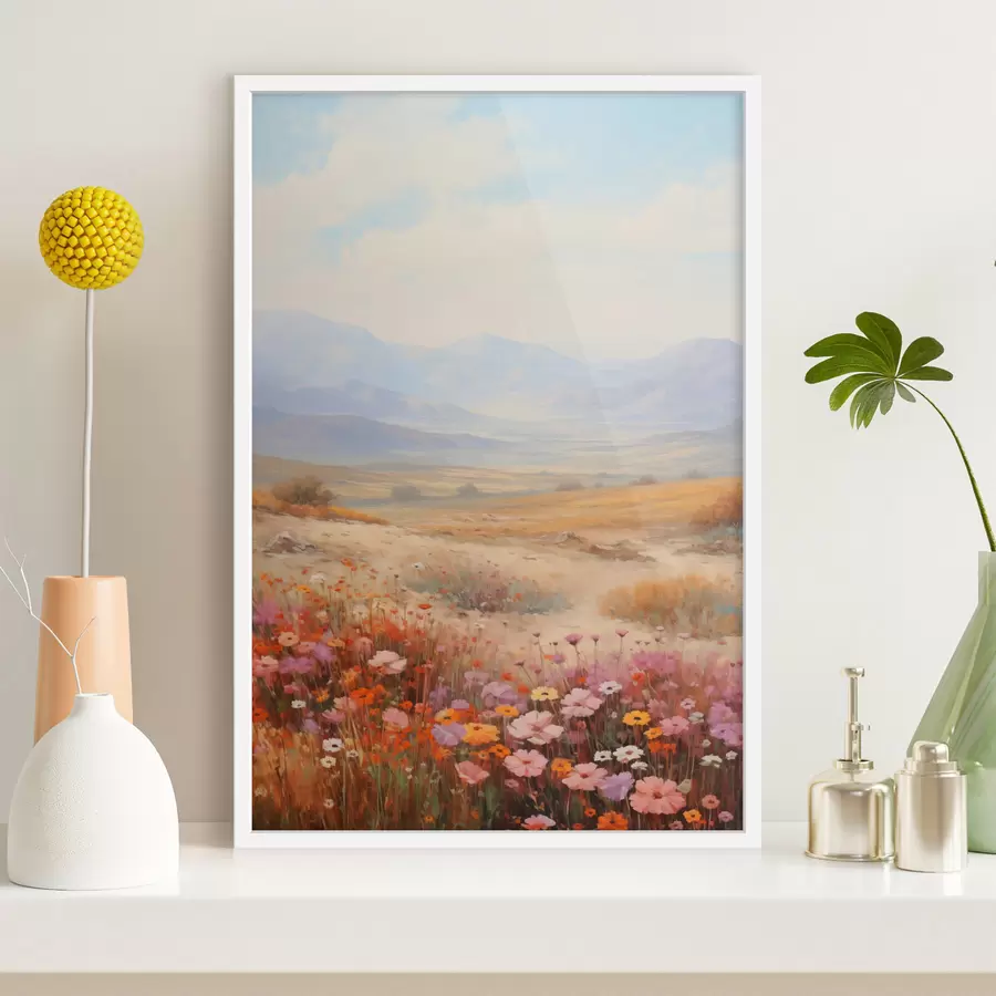 Fototapete Landschaft, ein Feld voller bunter Blumen mit Bergen im Hintergrund, sanfte Pastellfarben f46685