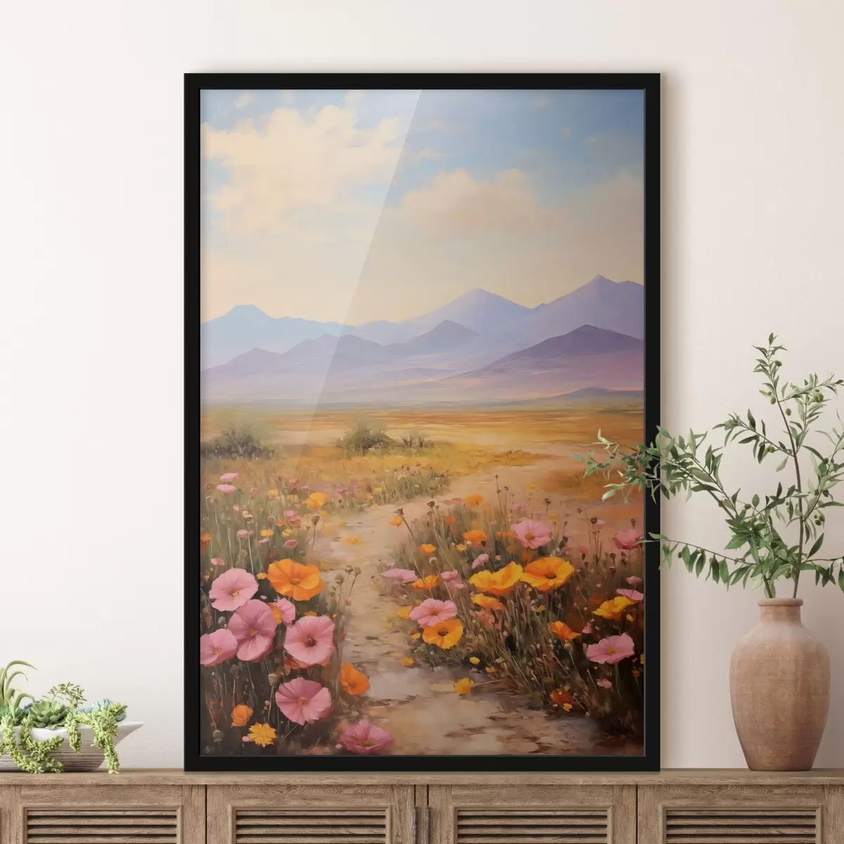 Poster Landschaft, ein Feld voller bunter Blumen mit Bergen im Hintergrund, sanfte Pastellfarben f46686