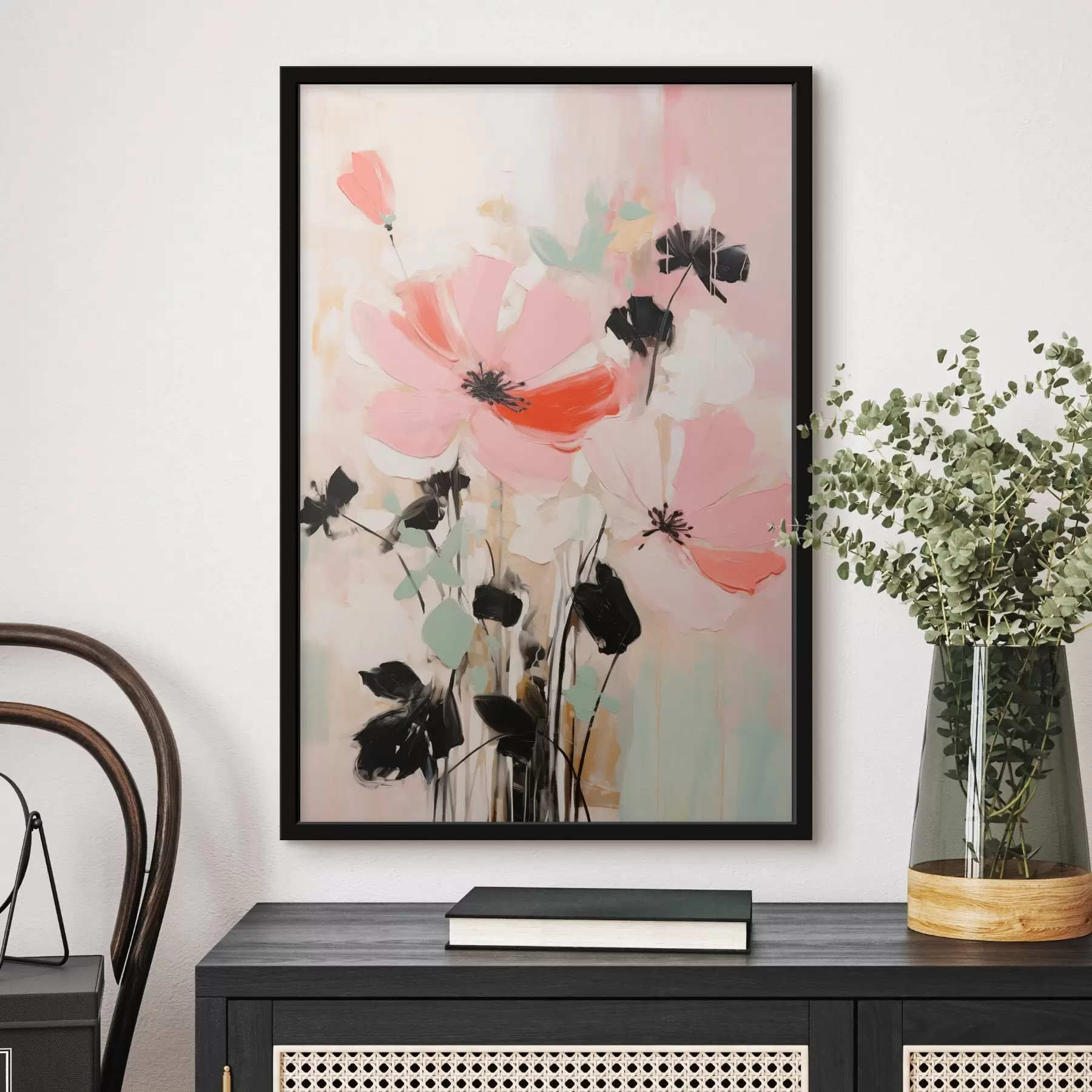 Fototapete Rosa und schwarze Blumen mit Blättern, sanfte Pastellfarben, abstraktes Blumenarrangement, minimalistische Kunst f46687