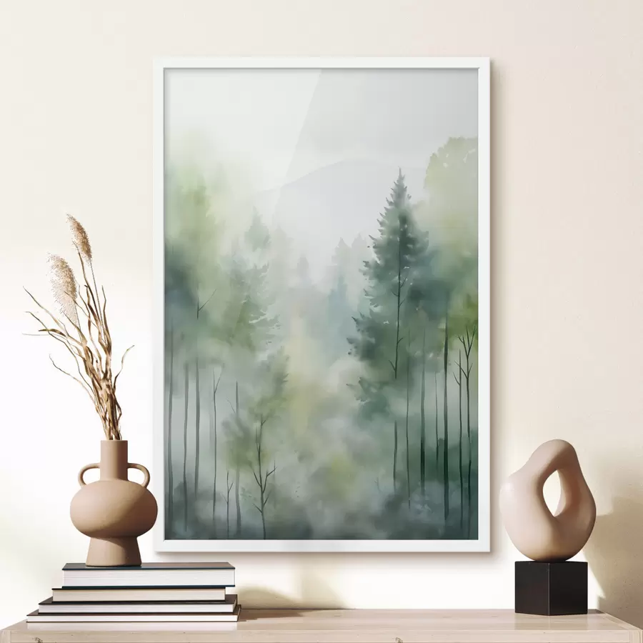 Fototapete Aquarellmalerei, die einen nebligen Wald mit hohen Kiefern und Bergen im Hintergrund darstellt f46690