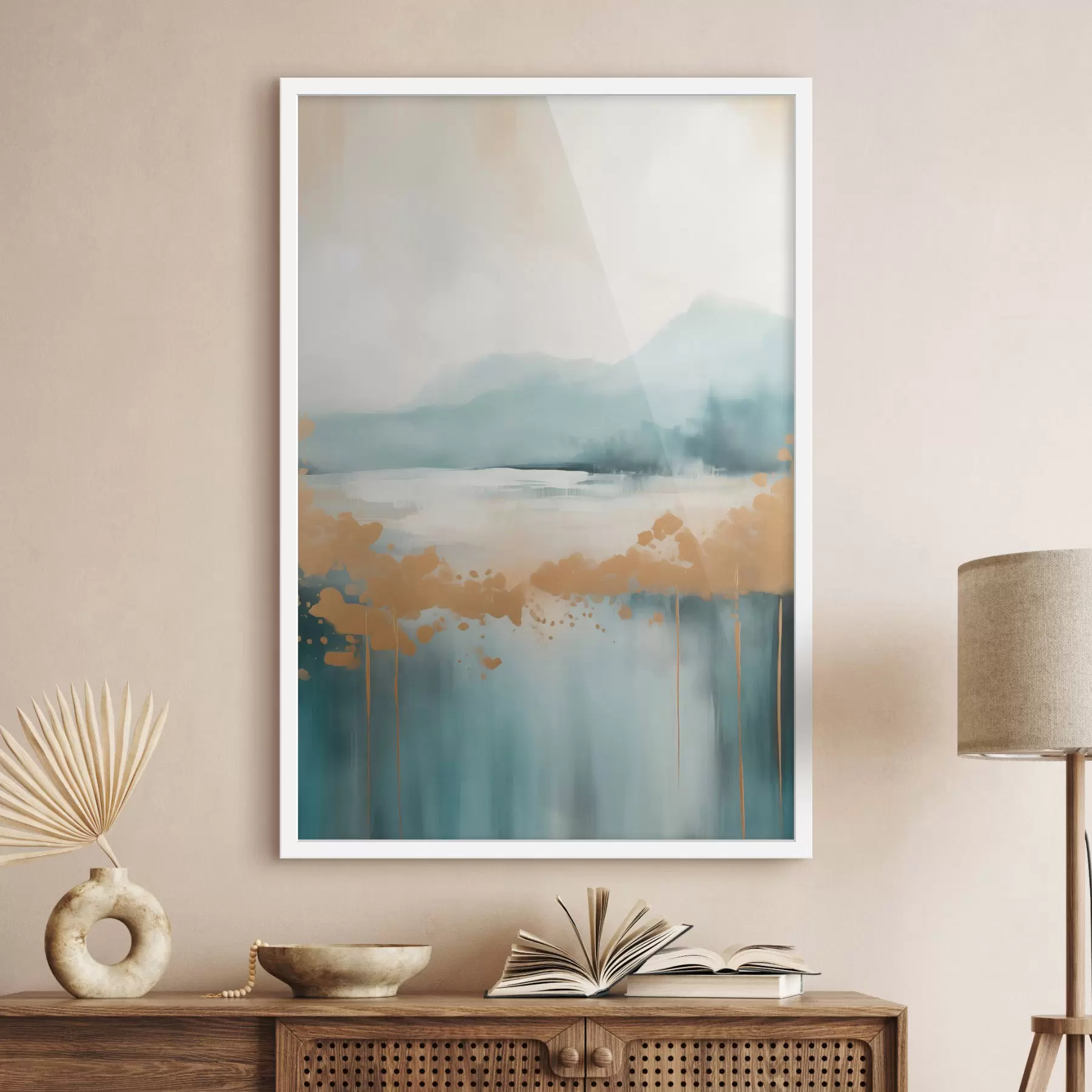 Fototapete Abstrakte Landschaft mit Bergen und See in Blaugrün und strukturiertem Gelb, weiche Pinselstriche, minimalistisches Kunstwerk f46703