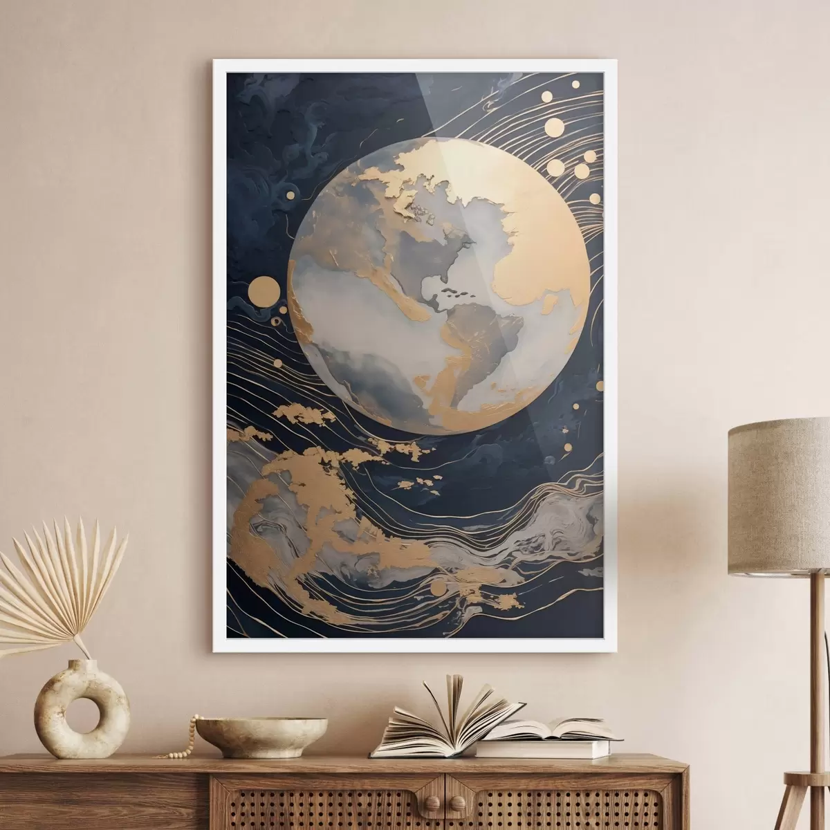Poster Strukturierter dekorativer Planet mit gelben Linien im Hintergrund, gelben Punkten im Hintergrund, dunklem Hintergrund f46708