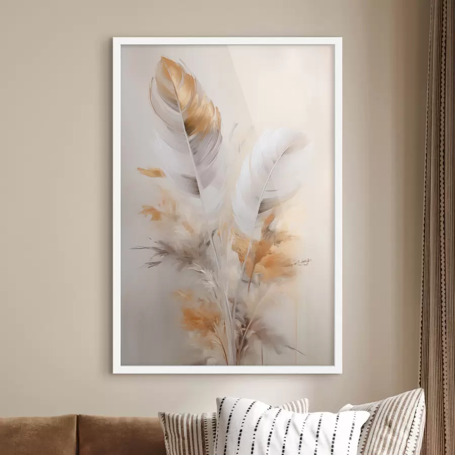 Fototapete Abstrakte Federn, umgeben von beigen und braunen Federn, weich und zart, auf hellbeigem Hintergrund f46711