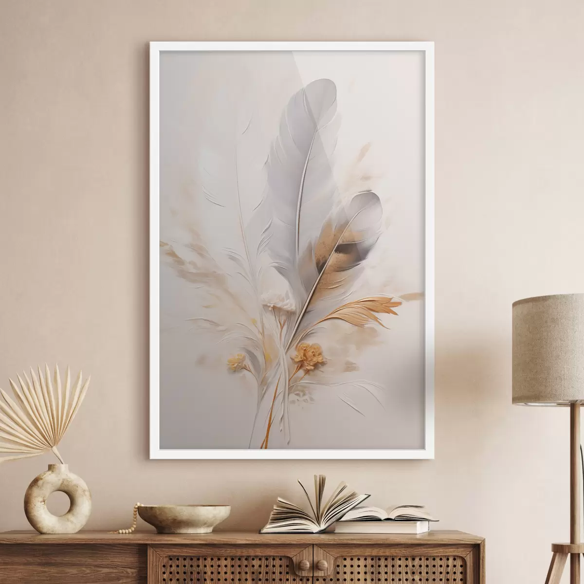 Poster Abstrakte Federn, umgeben von beigen und braunen Federn, weich und zart, auf hellbeigem Hintergrund f46712