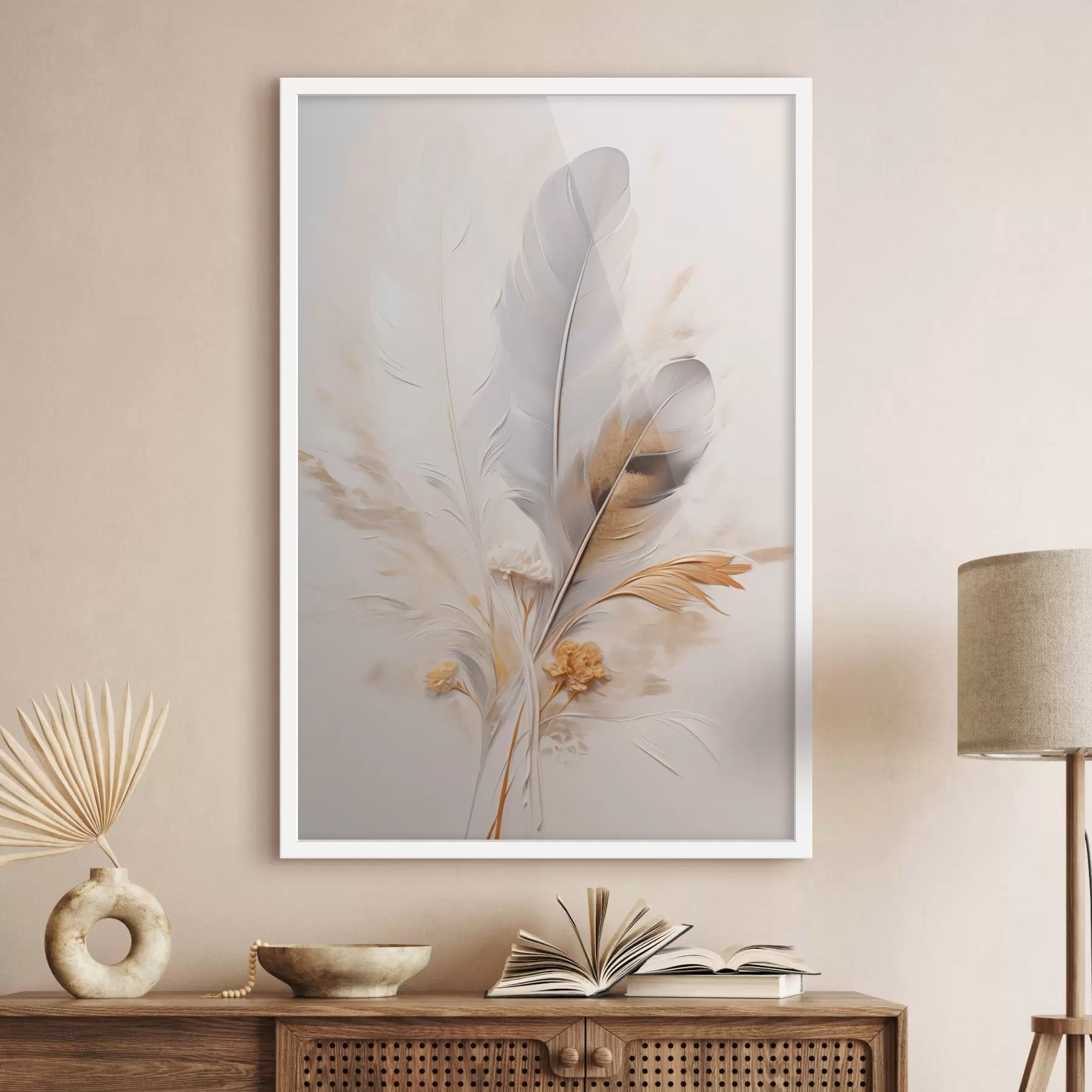 Fototapete Abstrakte Federn, umgeben von beigen und braunen Federn, weich und zart, auf hellbeigem Hintergrund f46712