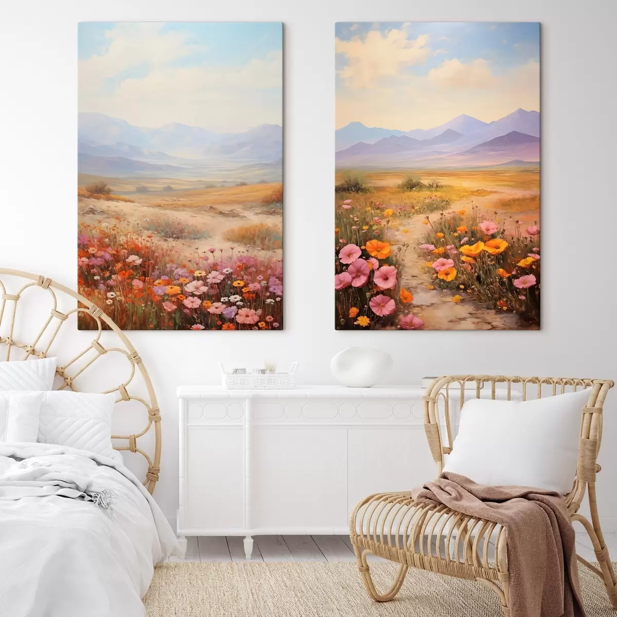 Wandbilder Landschaft, ein Feld voller bunter Blumen mit Bergen im Hintergrund, sanfte Pastellfarben m01003