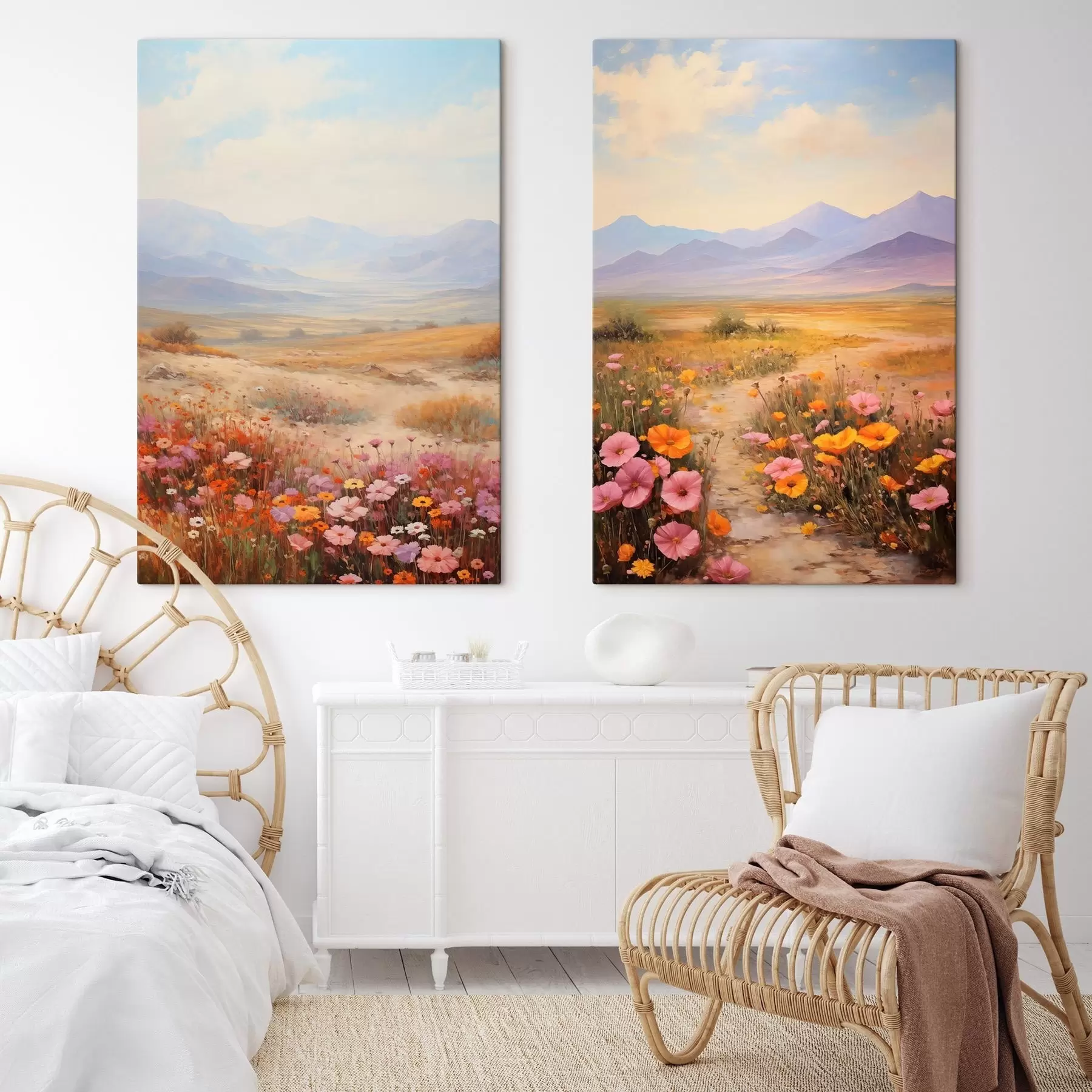 Wandbilder Landschaft, ein Feld voller bunter Blumen mit Bergen im Hintergrund, sanfte Pastellfarben m01003