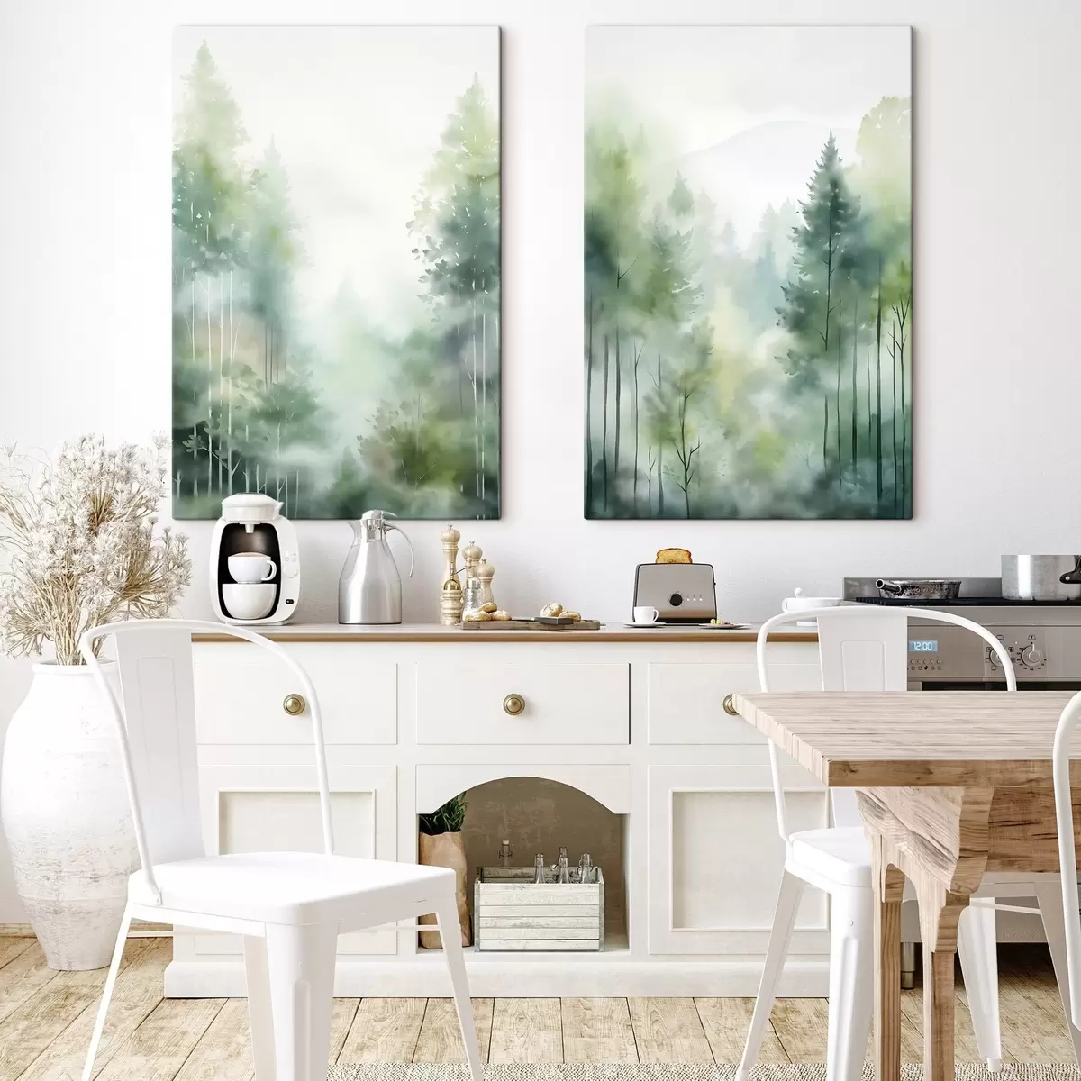 Wandbilder Aquarellmalerei, die einen abstrakten Wald mit hohen Bäumen und grünem Laub imitiert, in sanften, gedämpften Farben m01005