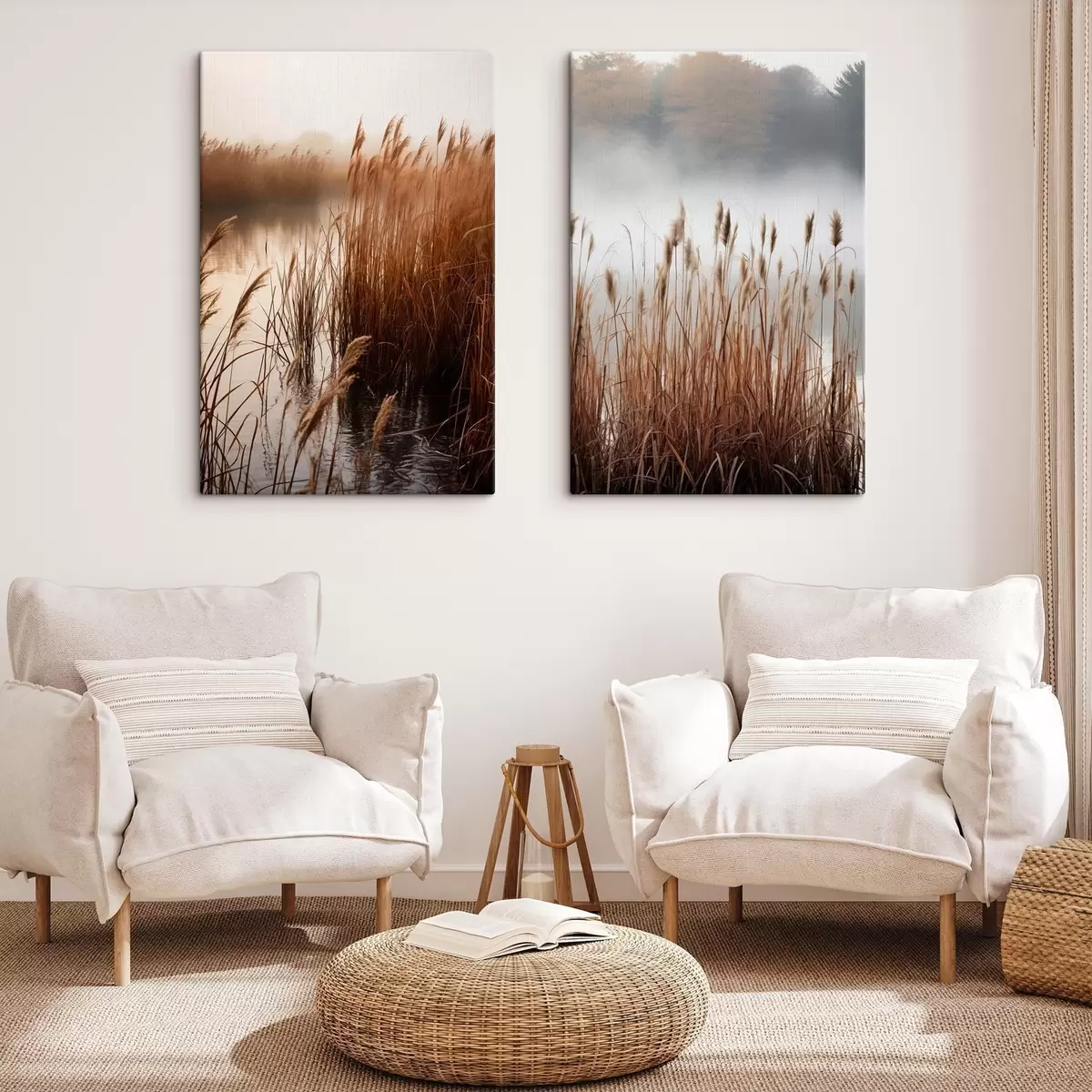 Wandbilder Hohe Schilfpflanzen wachsen in einem Gewässer, das Wasser spiegelt die Schilfpflanzen wider, nebliger Hintergrund, sanftes Licht, Naturszene m01008