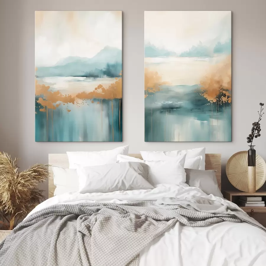 Wandbilder Abstrakte Landschaft mit Bergen und See in Blaugrün und strukturiertem Gelb, weiche Pinselstriche, minimalistisches Kunstwerk m01012