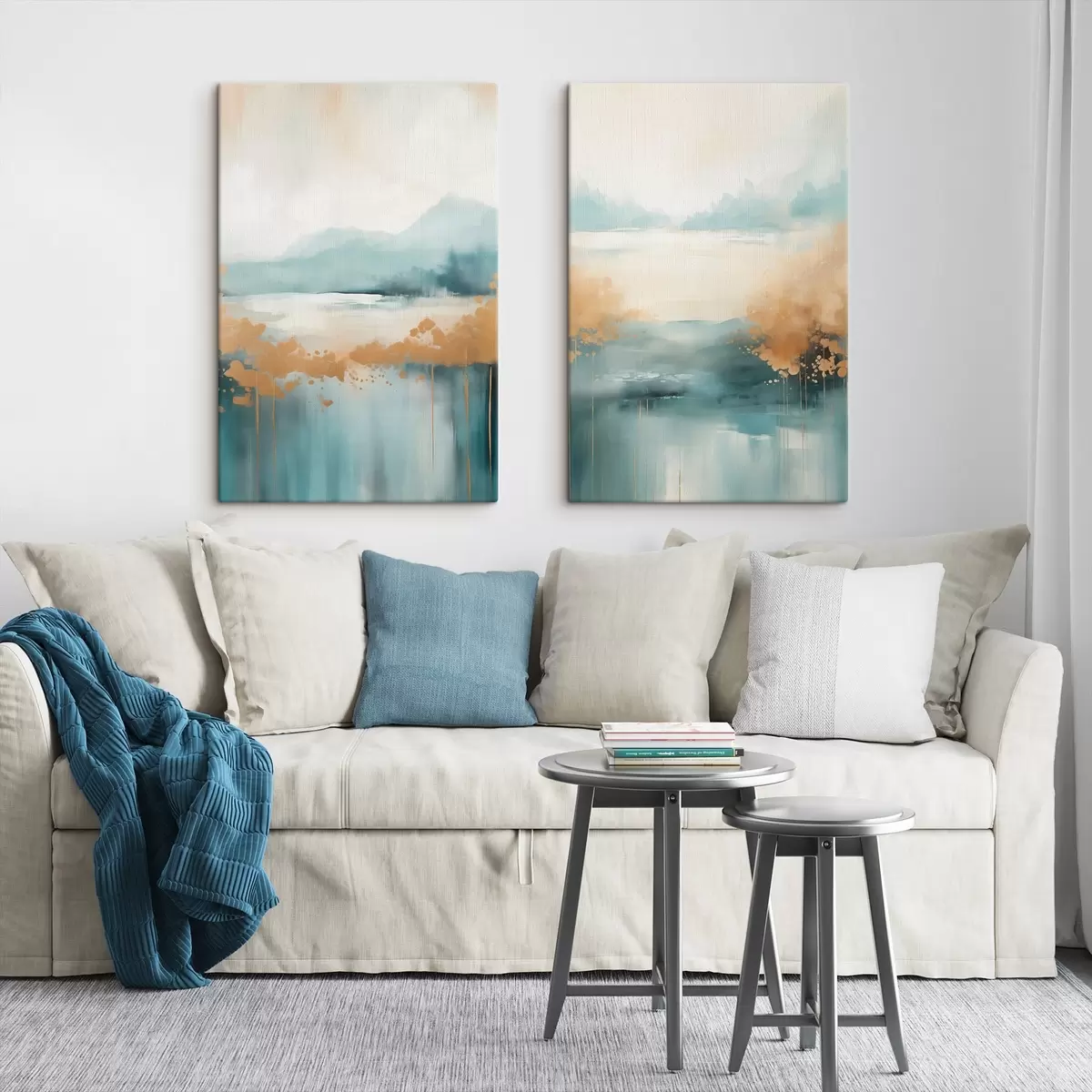 Wandbilder Abstrakte Landschaft mit Bergen und See in Blaugrün und strukturiertem Gelb, weiche Pinselstriche, minimalistisches Kunstwerk m01012