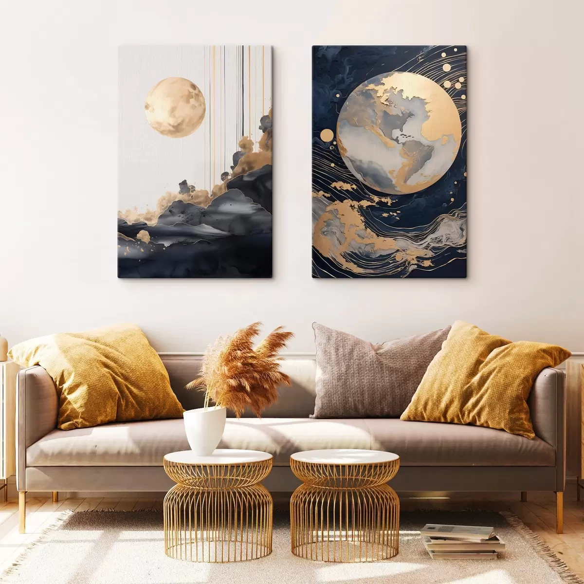 Wandbilder Strukturierter dekorativer Planet im Weltraum mit gelben Linien und Punkten, abstrakter Stil, minimalistisch und modern m01014