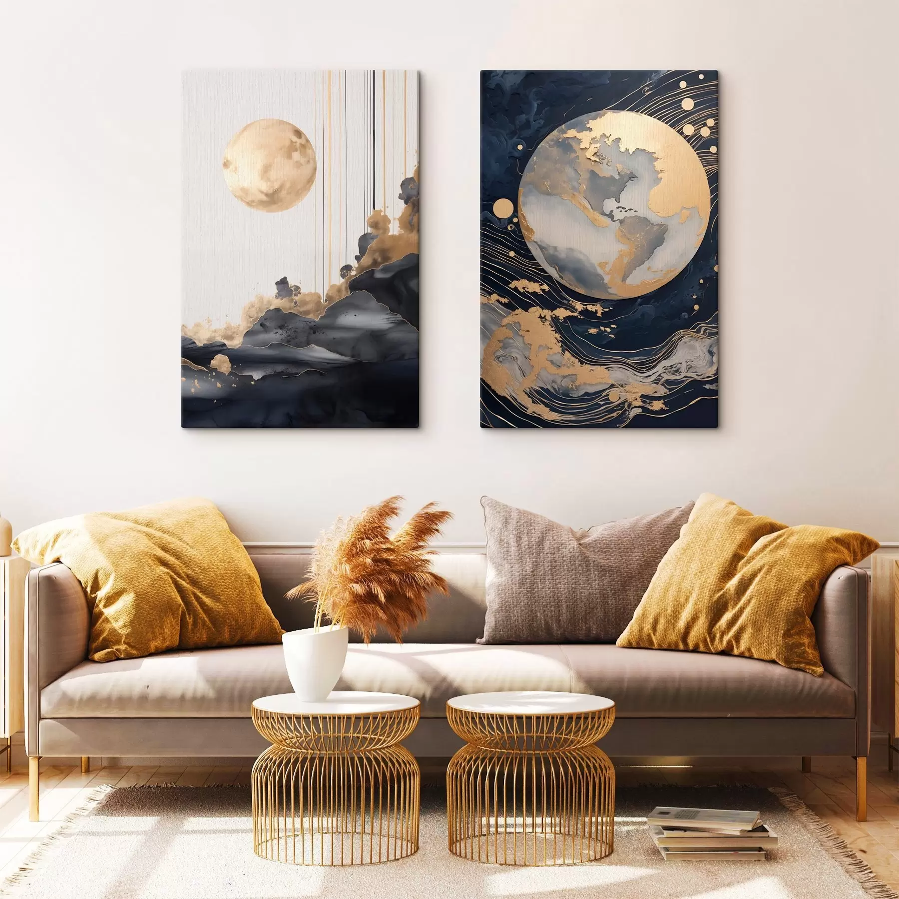 Wandbilder Strukturierter dekorativer Planet im Weltraum mit gelben Linien und Punkten, abstrakter Stil, minimalistisch und modern m01014