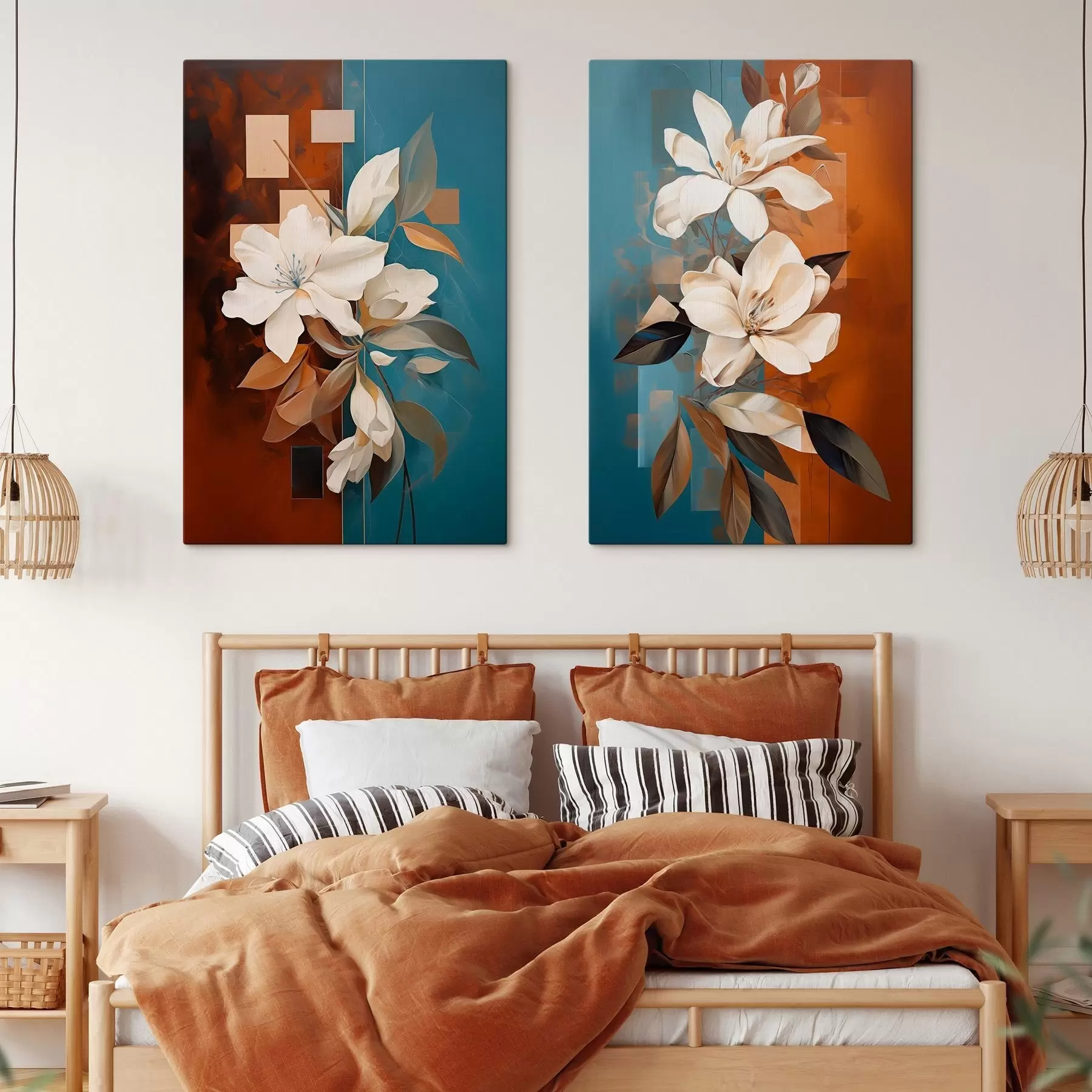 Wandbilder Abstrakte weiße Blumen und Blätter vor einem Hintergrund aus Braun und Blau mit abstrakten Formen, in minimalistischem Stil m01015
