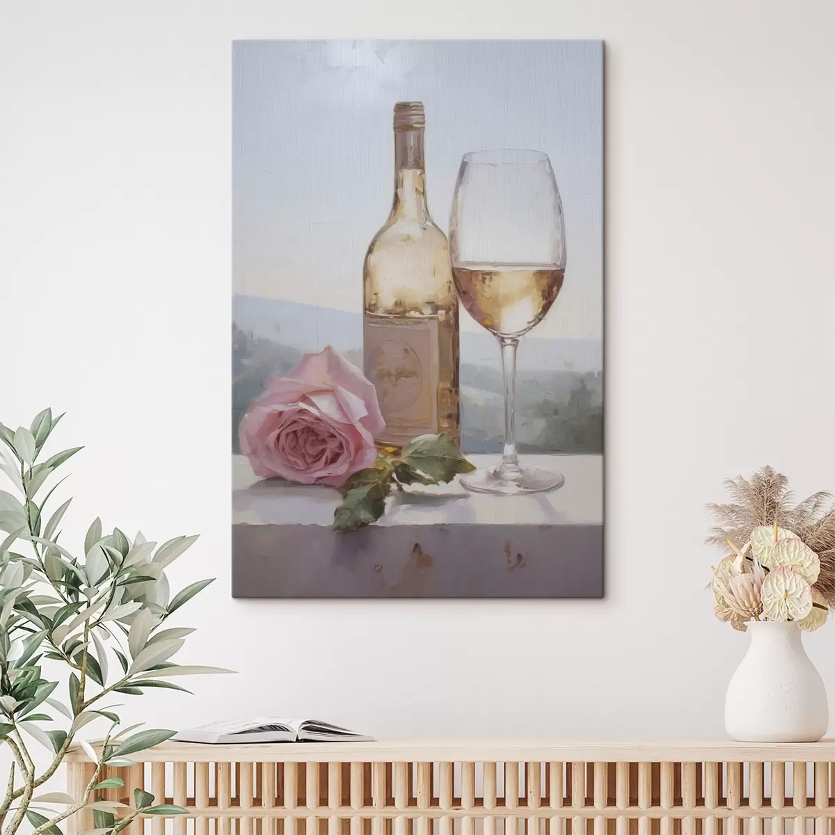 Wandbilder Eine Flasche und ein Glas Wein und ein kleiner Hund mit Brille, Gemäldeimitation s46721