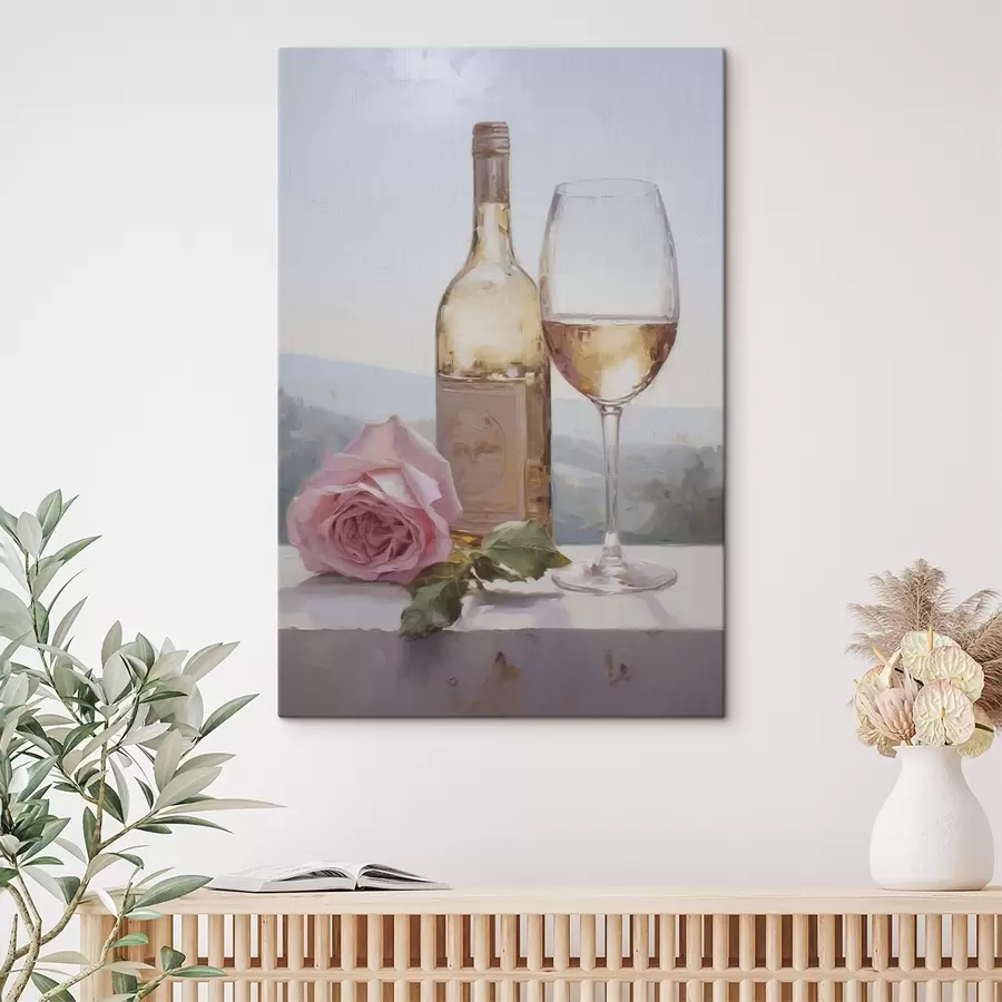 Wandbilder Eine Flasche und ein Glas Wein und ein kleiner Hund mit Brille, Gemäldeimitation s46721