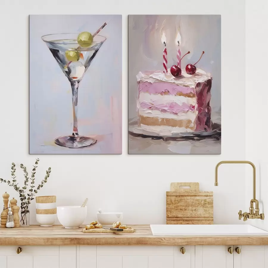 Wandbilder Ein Glas mit einem Getränk und einem Stück Kuchen – Imitationsgemälde m01019