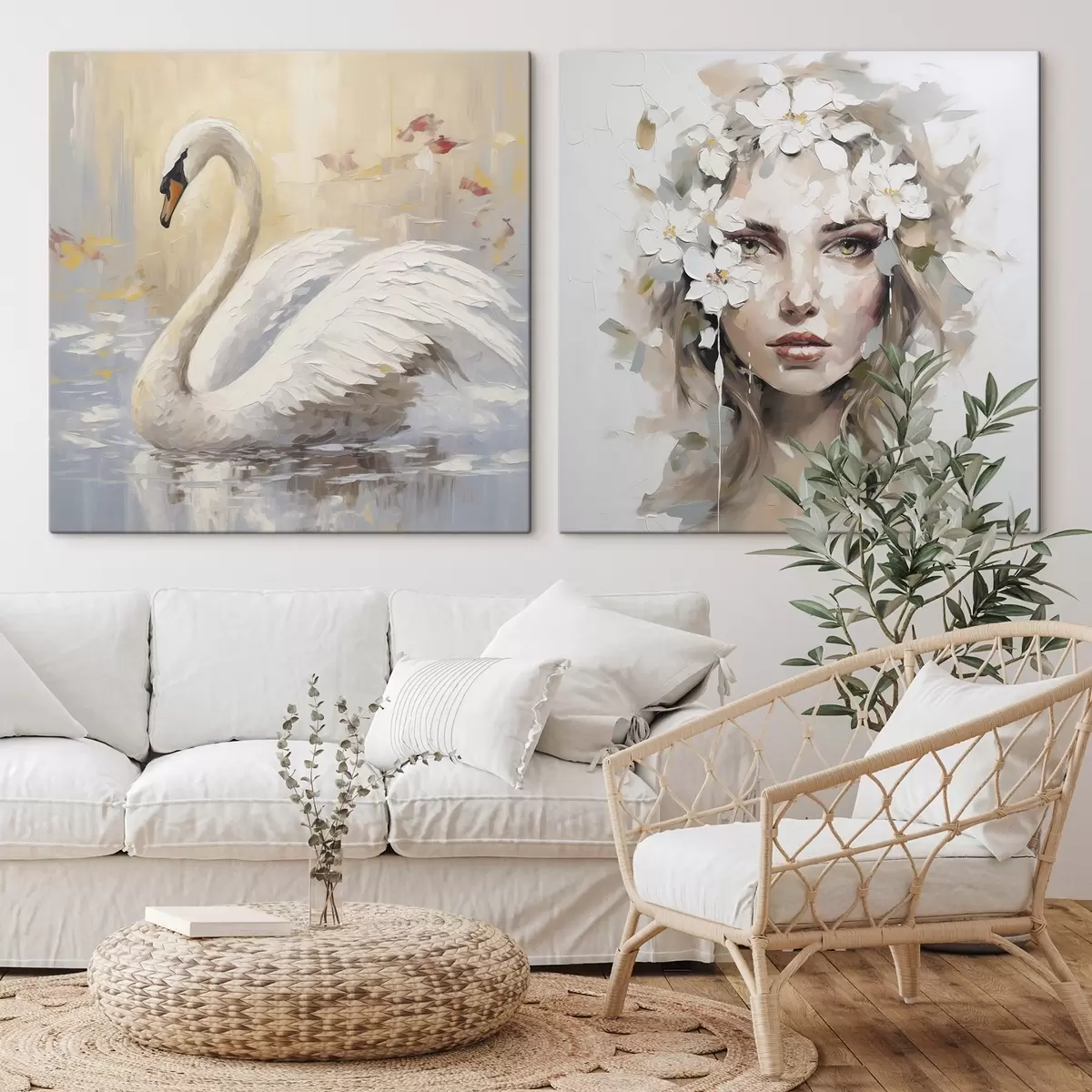 Wandbilder Schwan und Porträt eines Mädchens, Gemäldeimitation m01030