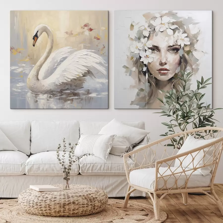 Wandbilder Schwan und Porträt eines Mädchens, Gemäldeimitation m01030
