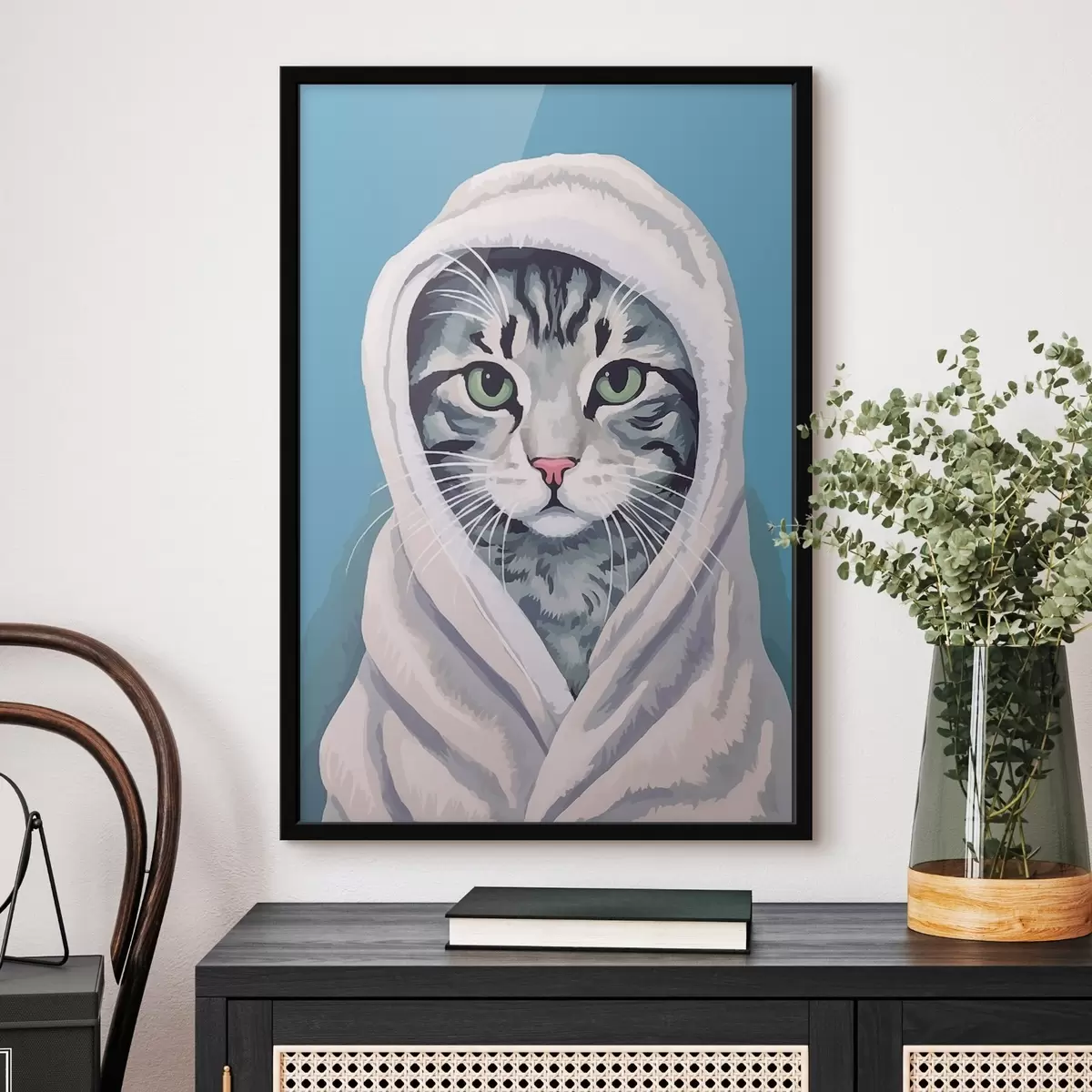 Poster Gestreifte Katze in einem weißen Handtuch f46740