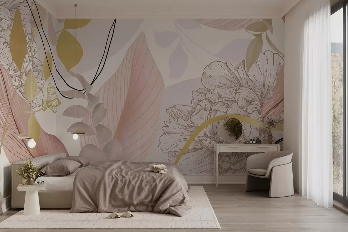 Fototapete Abstrakter Blumendruck mit großen Blättern in gedeckten Rosa- und Gelbtönen mit dünnen schwarzen Linien und weißen Blumenumrissen w09544v1