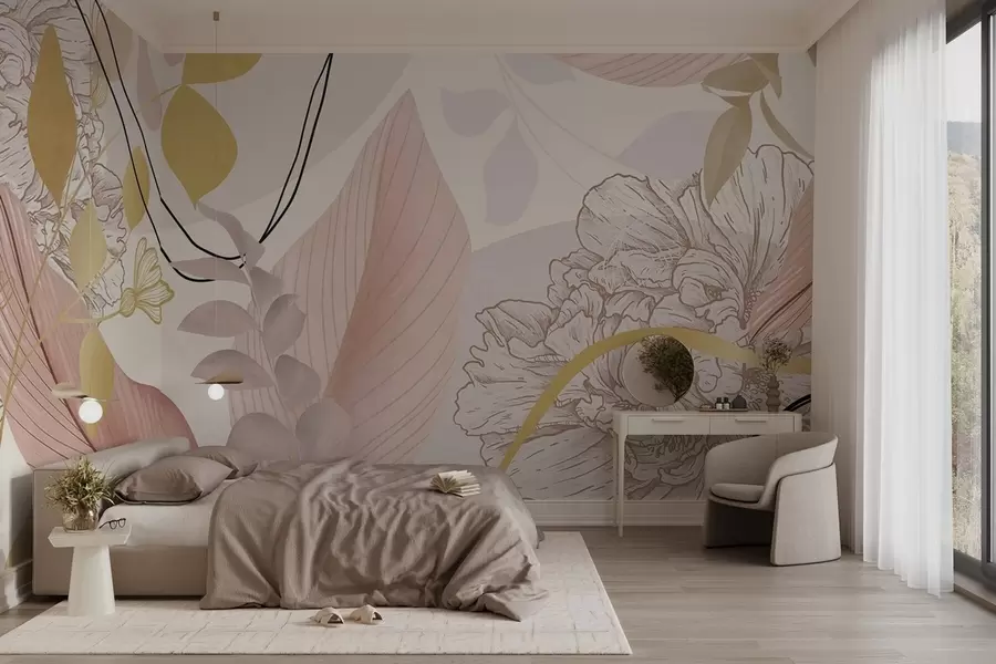 Fototapete Abstrakter Blumendruck mit großen Blättern in gedeckten Rosa- und Gelbtönen mit dünnen schwarzen Linien und weißen Blumenumrissen w09544v1