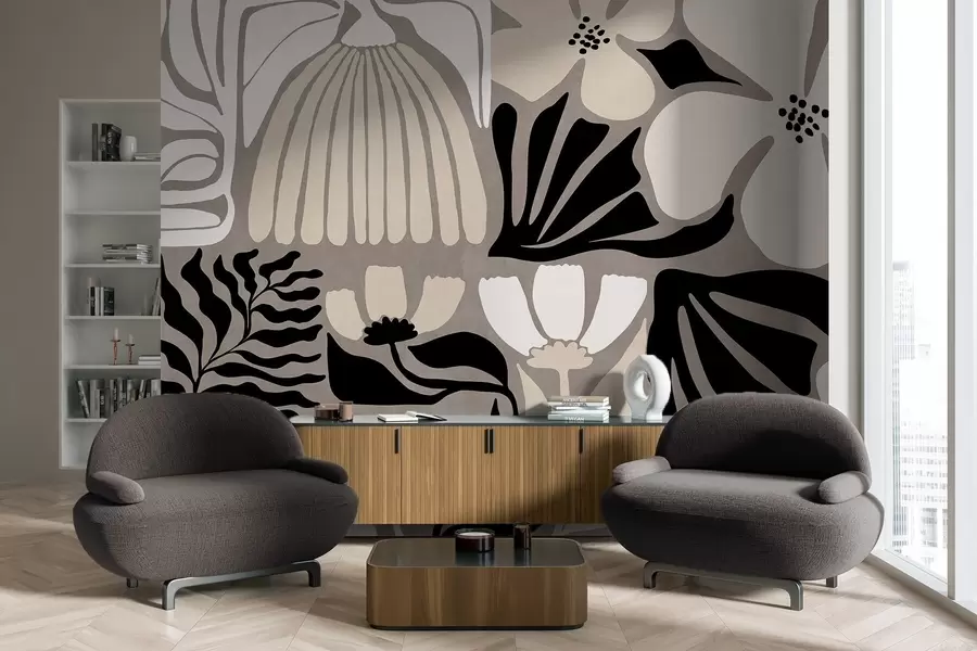 Fototapete Moderne, minimalistisch stilisierte Blumen und Blätter in Beige, Schwarz und Weiß, strukturiert auf grauem Hintergrund w09547