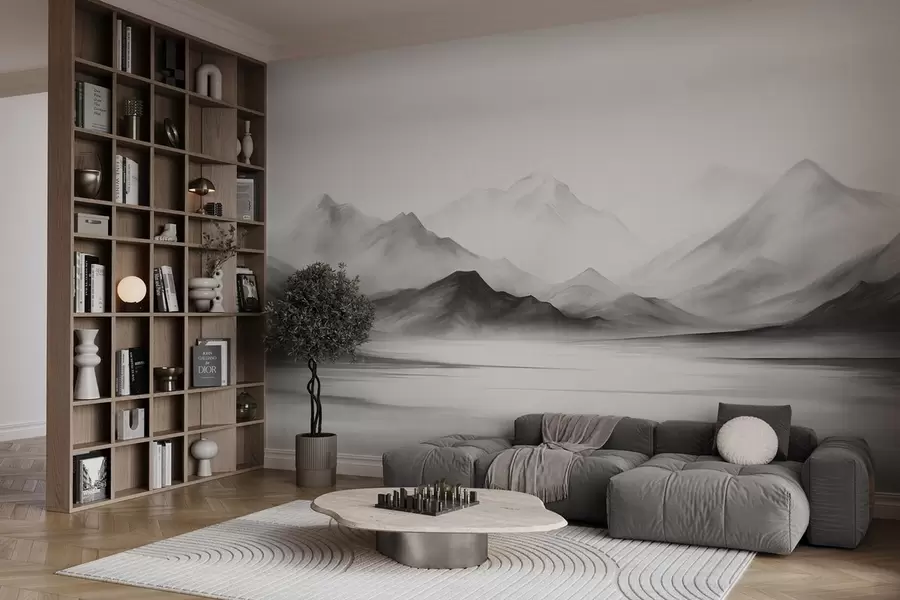 Fototapete Eine monochrome, strukturierte Landschaft mit nebligen Bergen und einem See im Vordergrund w09555