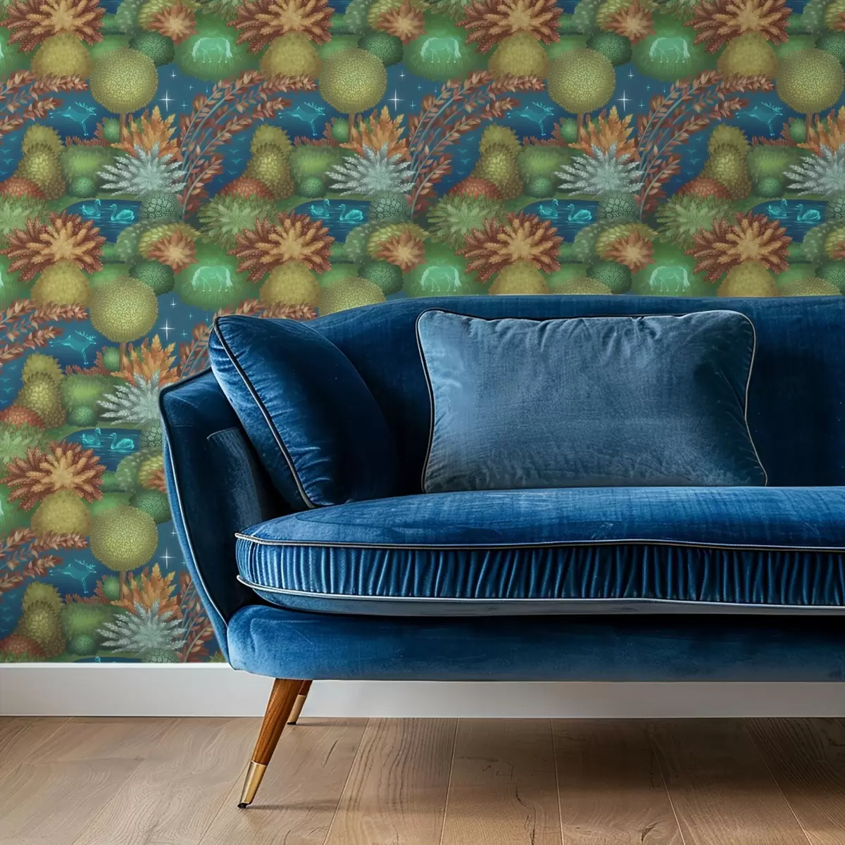 Tapete Märchenhafter Nachtgarten mit einem See und leuchtenden Tieren a00851