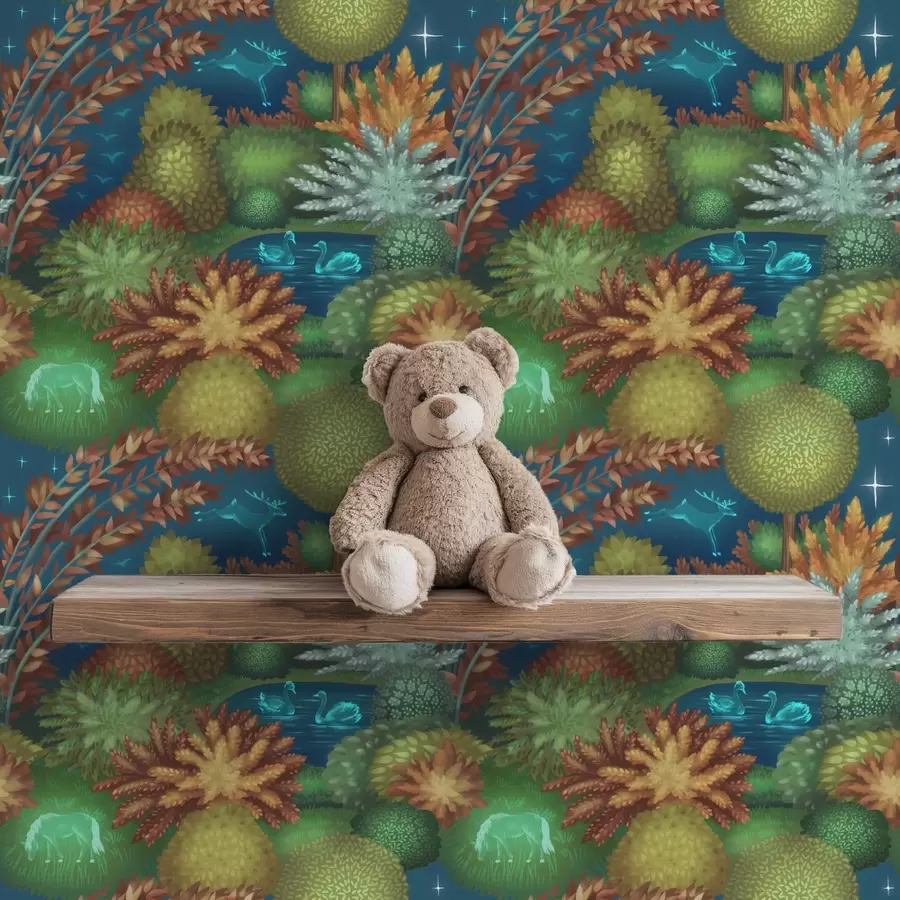 Fototapete Märchenhafter Nachtgarten mit einem See und leuchtenden Tieren a00851