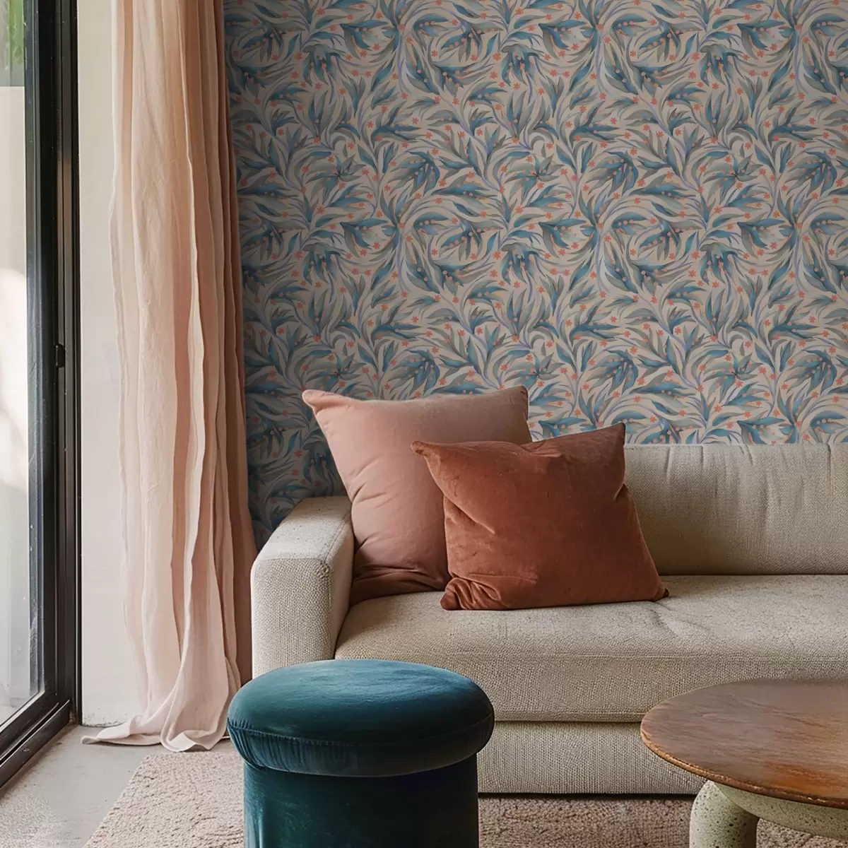 Tapete Abstrakte blaue Blätter mit korallenroten Blüten a00852