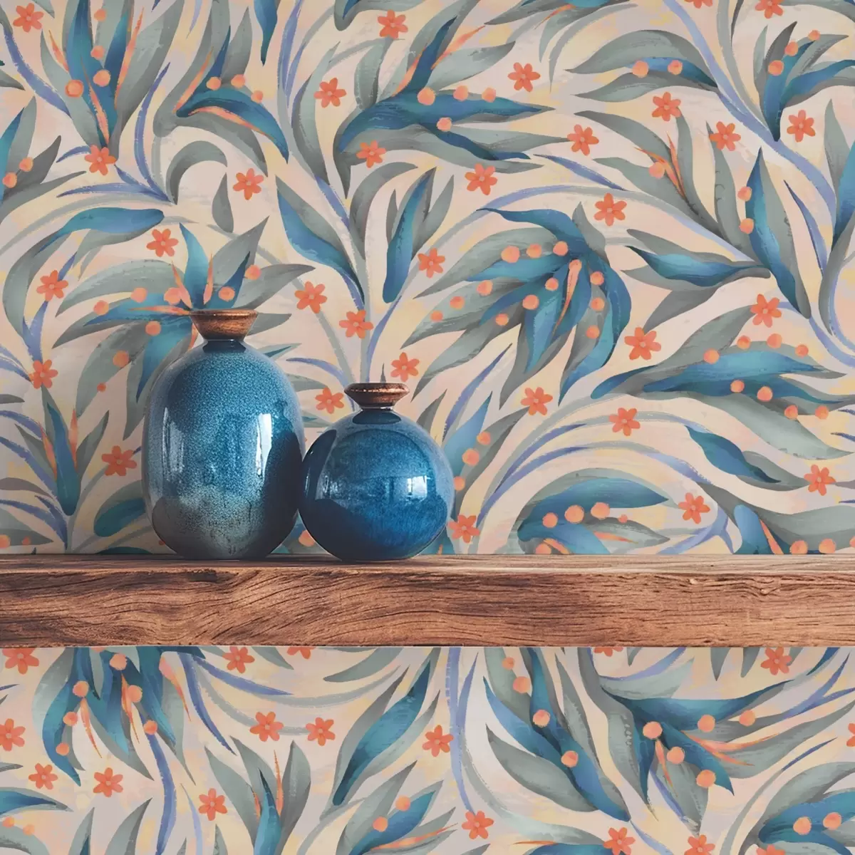 Tapete Abstrakte blaue Blätter mit korallenroten Blüten a00852