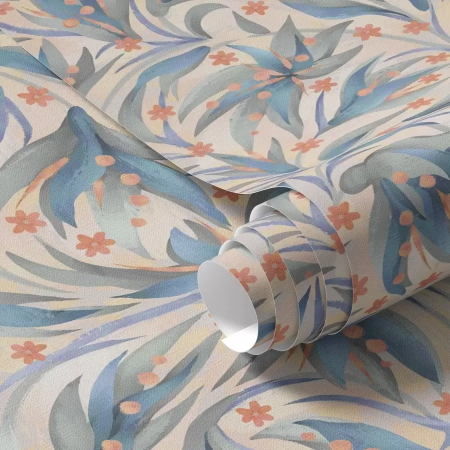 Fototapete Abstrakte blaue Blätter mit korallenroten Blüten a00852