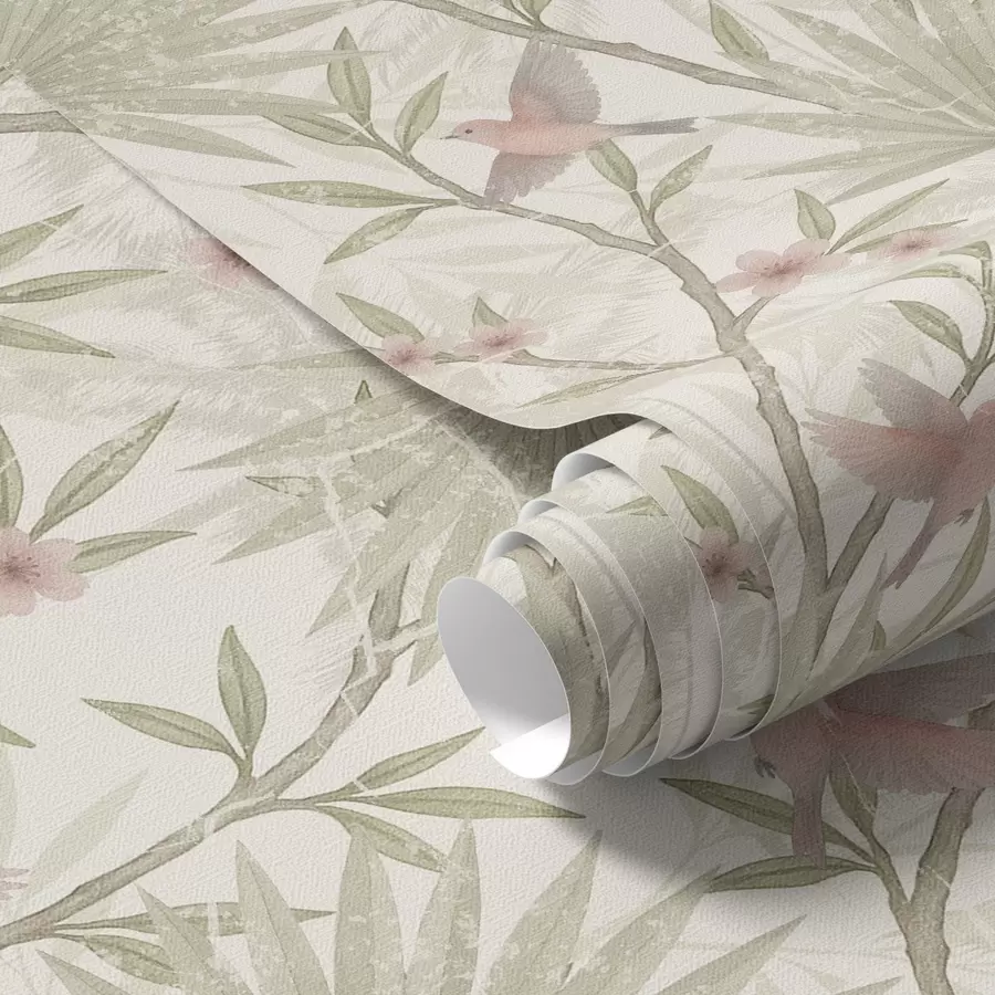 Fototapete Zarte rosa Vögel zwischen Palmblättern a00883