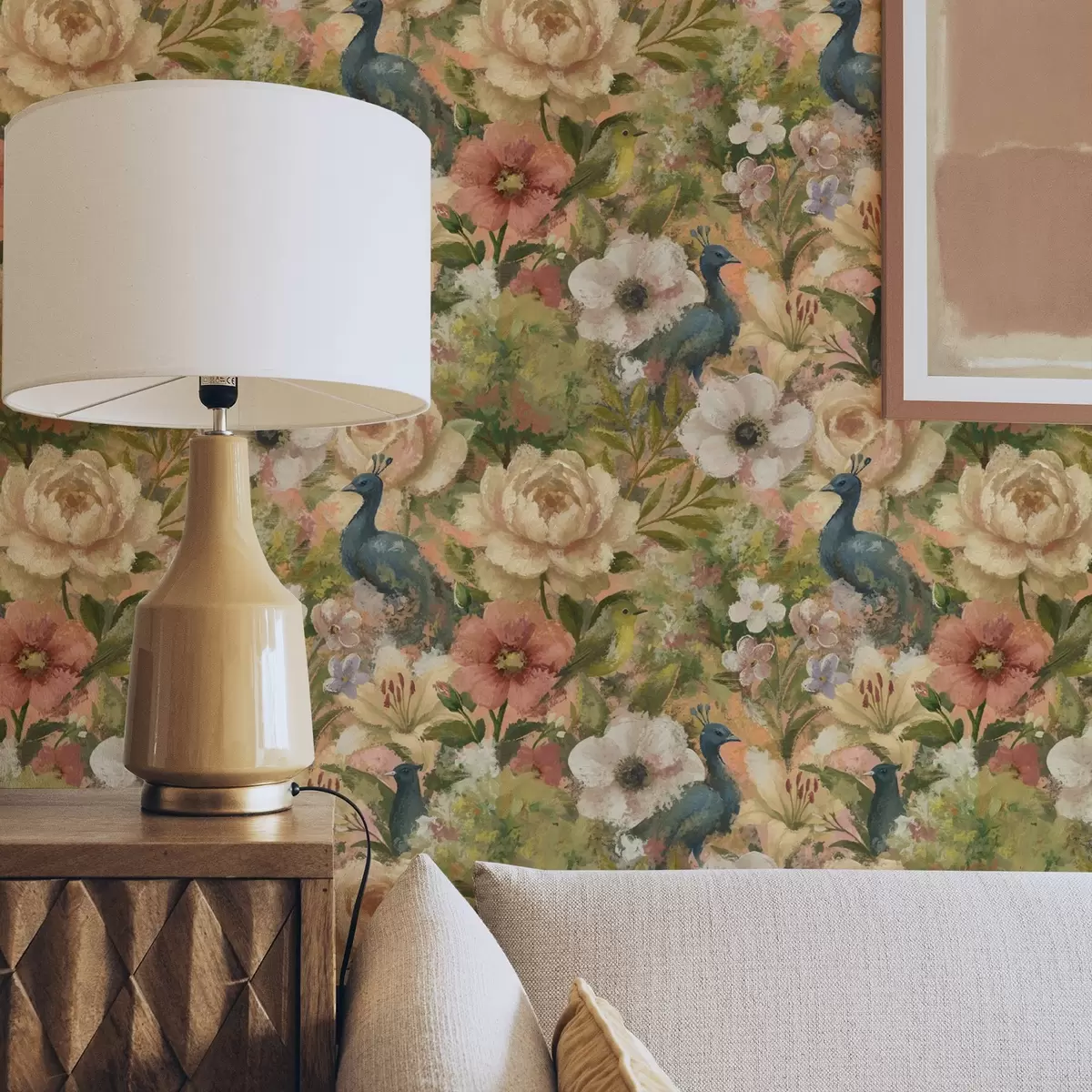 Tapete Malerischer Garten mit Pfauen und großen Blumen a00885